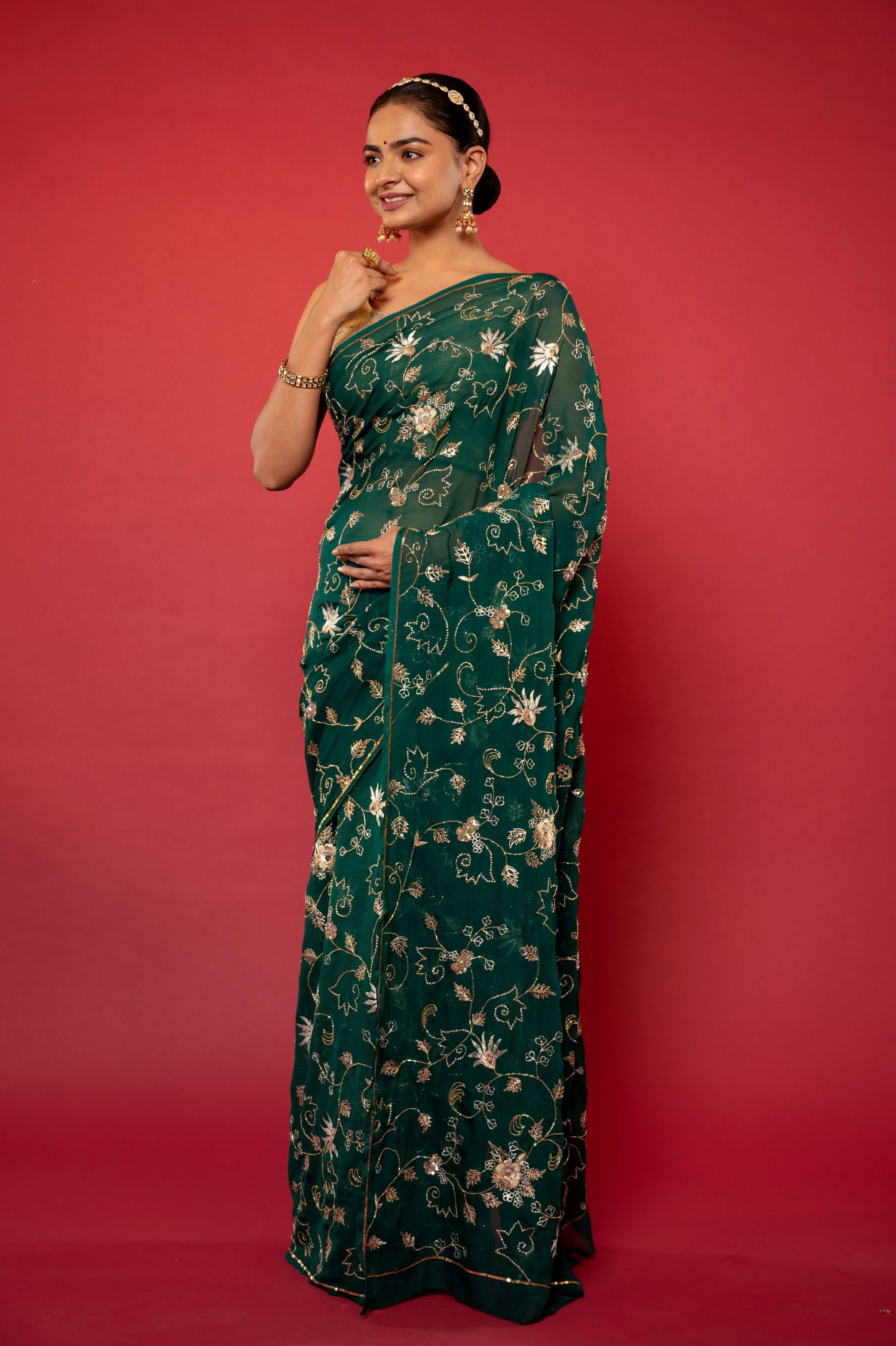 Bottle Green pure chiffon aari sequins jaal handwork saree
