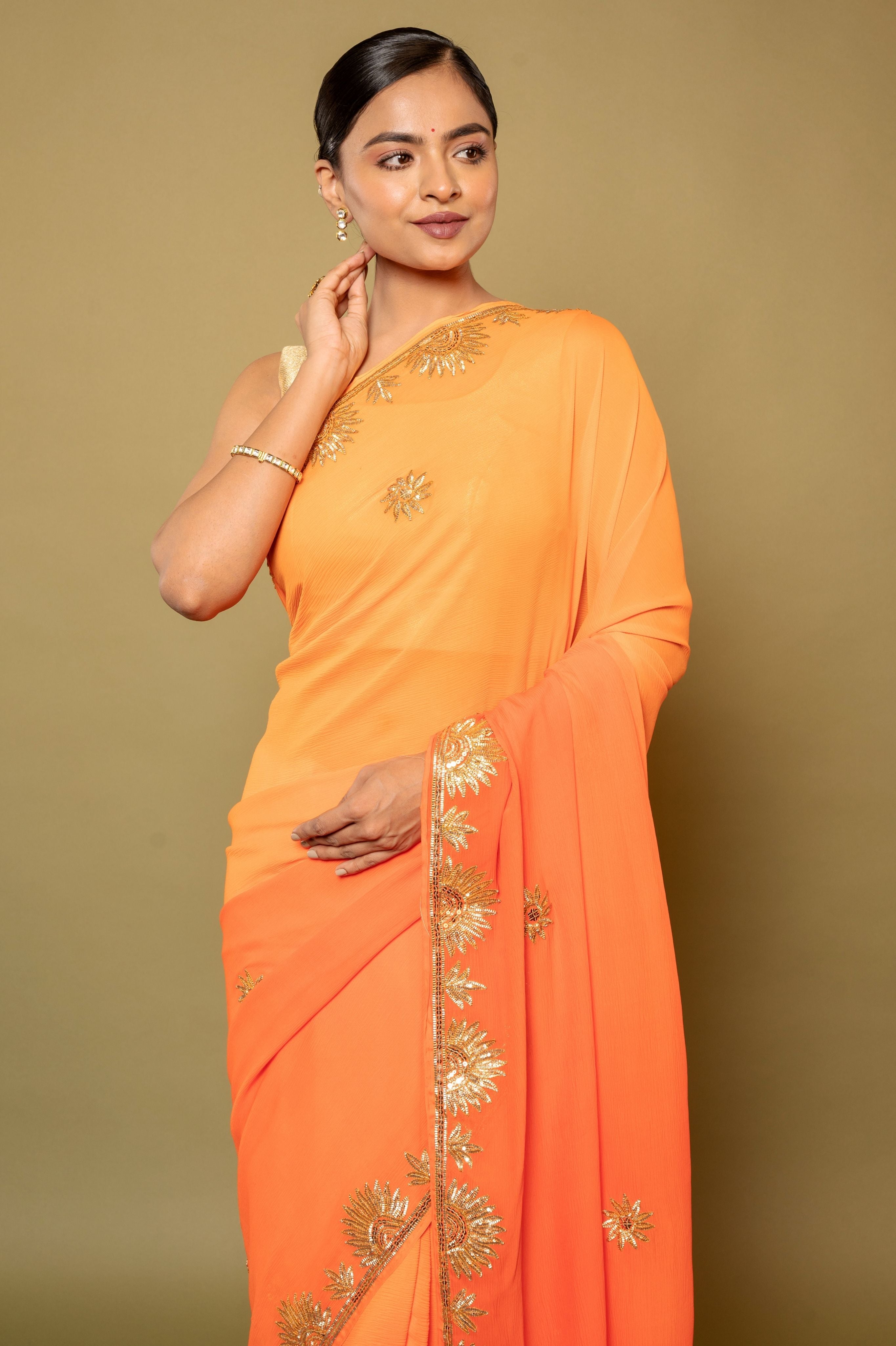 Orange light dark pure chiffon sikhiya gota border butti handwork saree