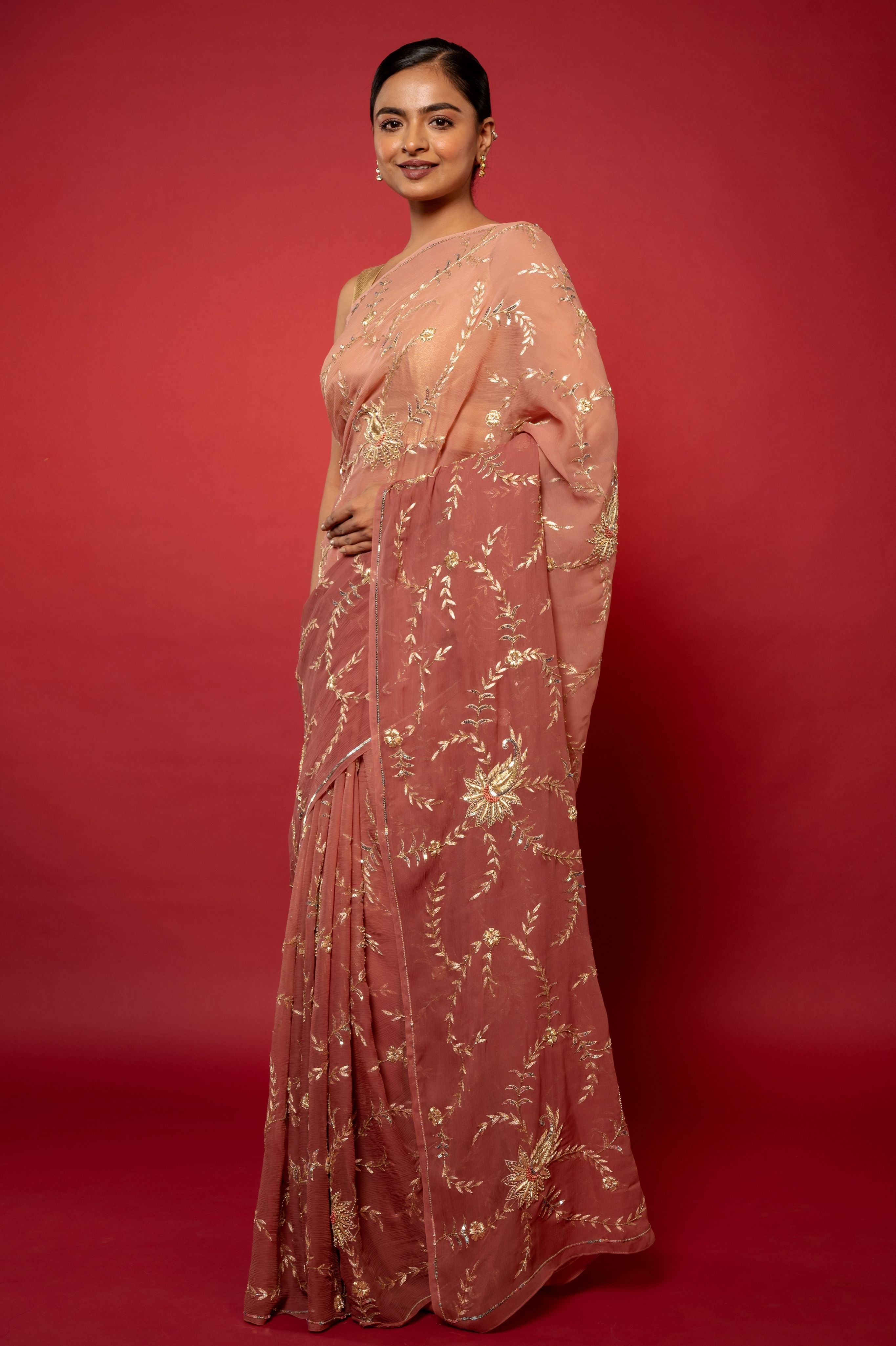 Choclate brown light dark Pure Chiffon aari zardozi sequins jaal handwork saree