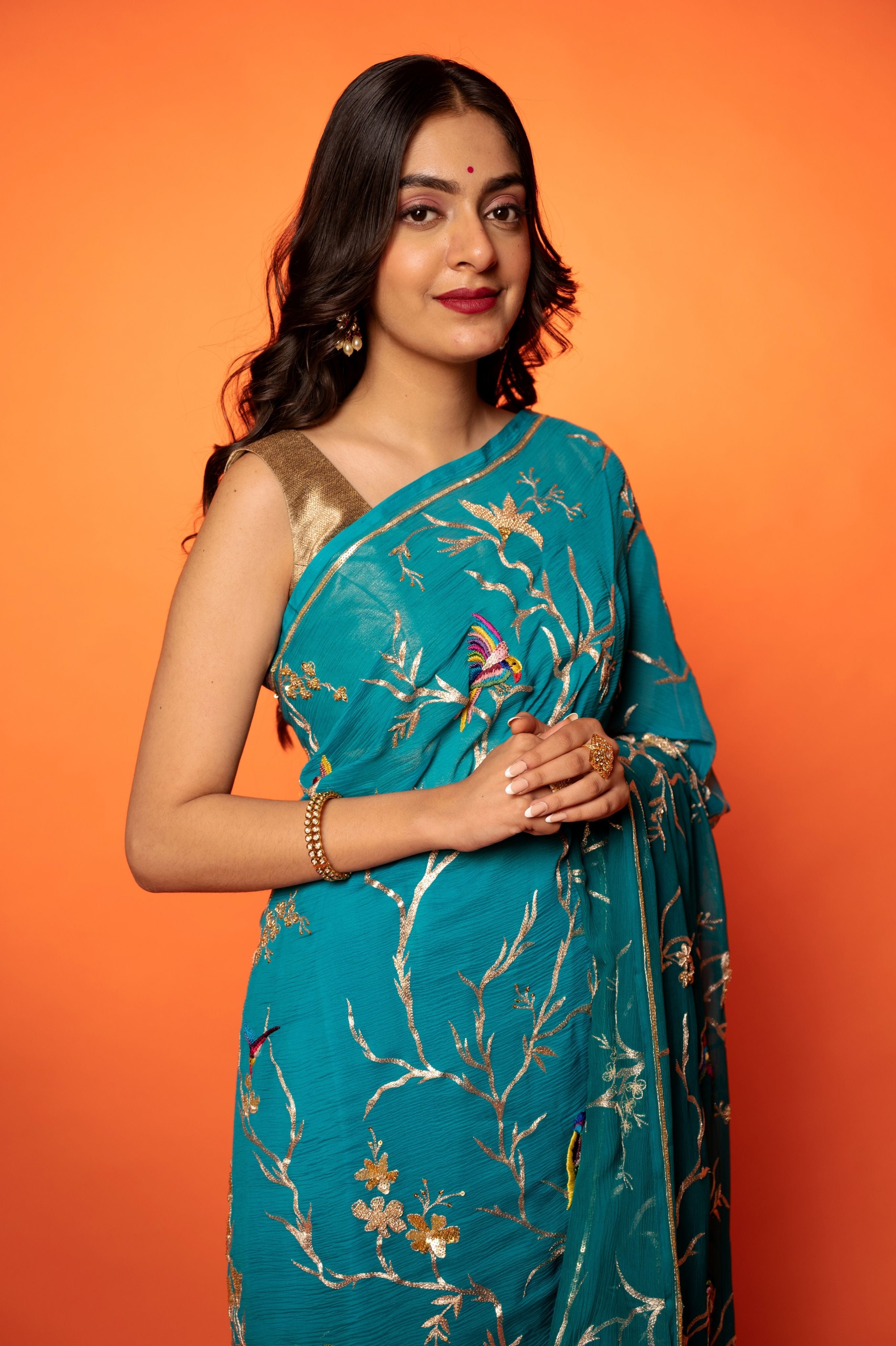 Rama Light dark Pure Chiffon aari resham jaal handwork saree