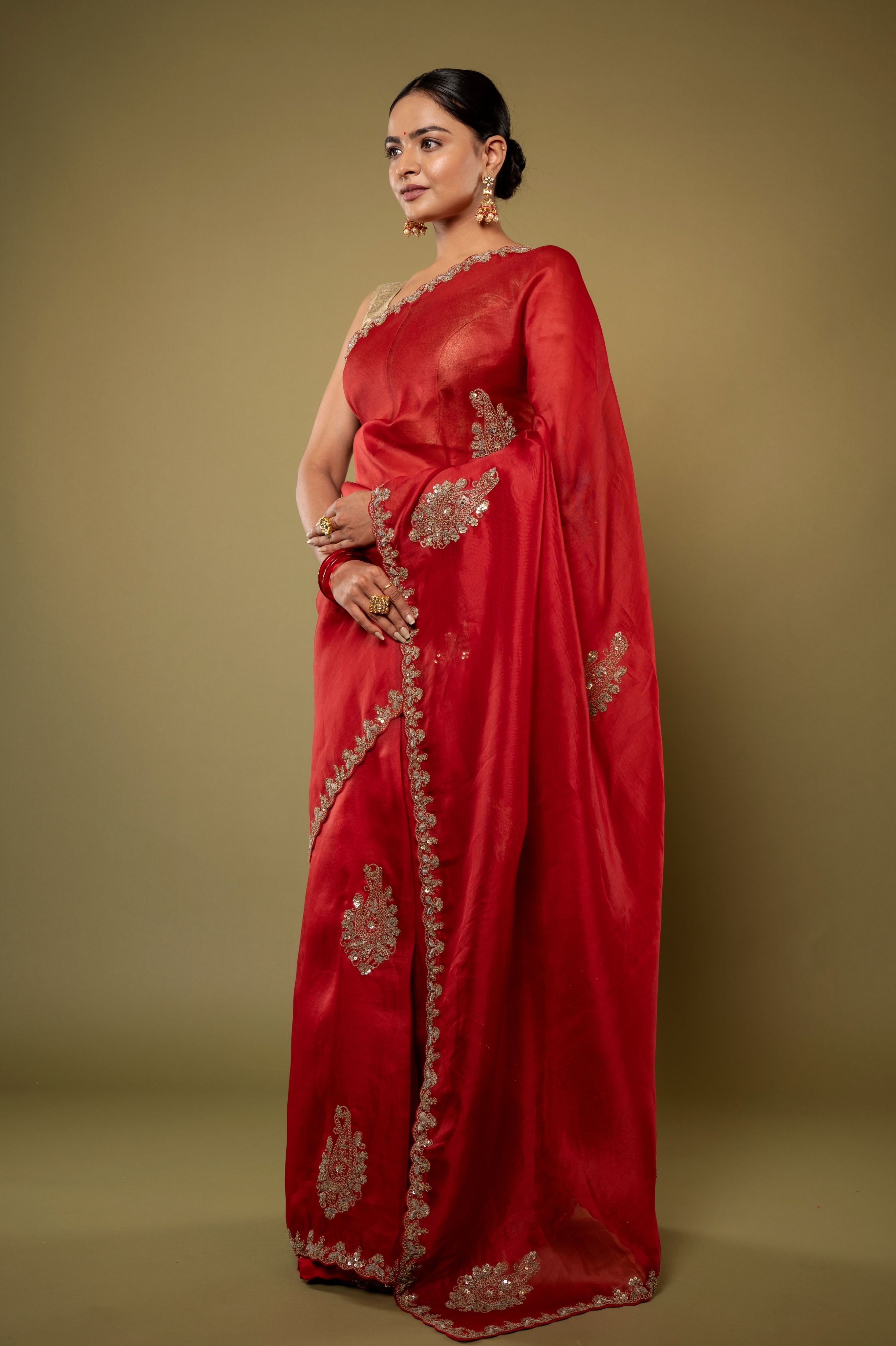 red Organza zardozi border butti handwork saree