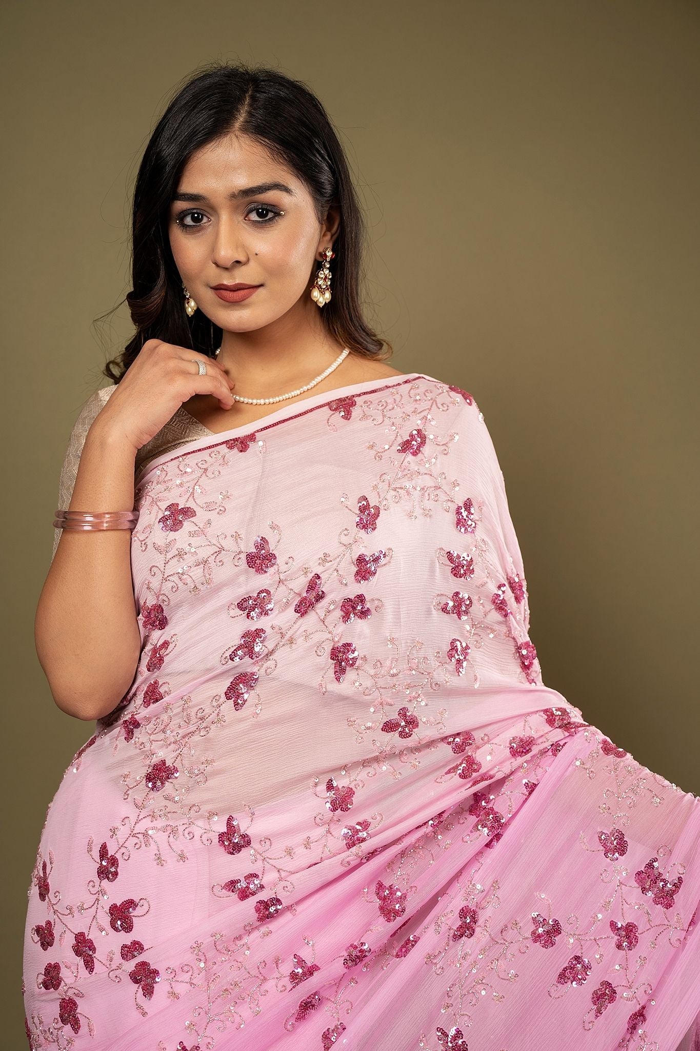 Pink light dark Pure Chiffon sequins kardana jaal handwork saree