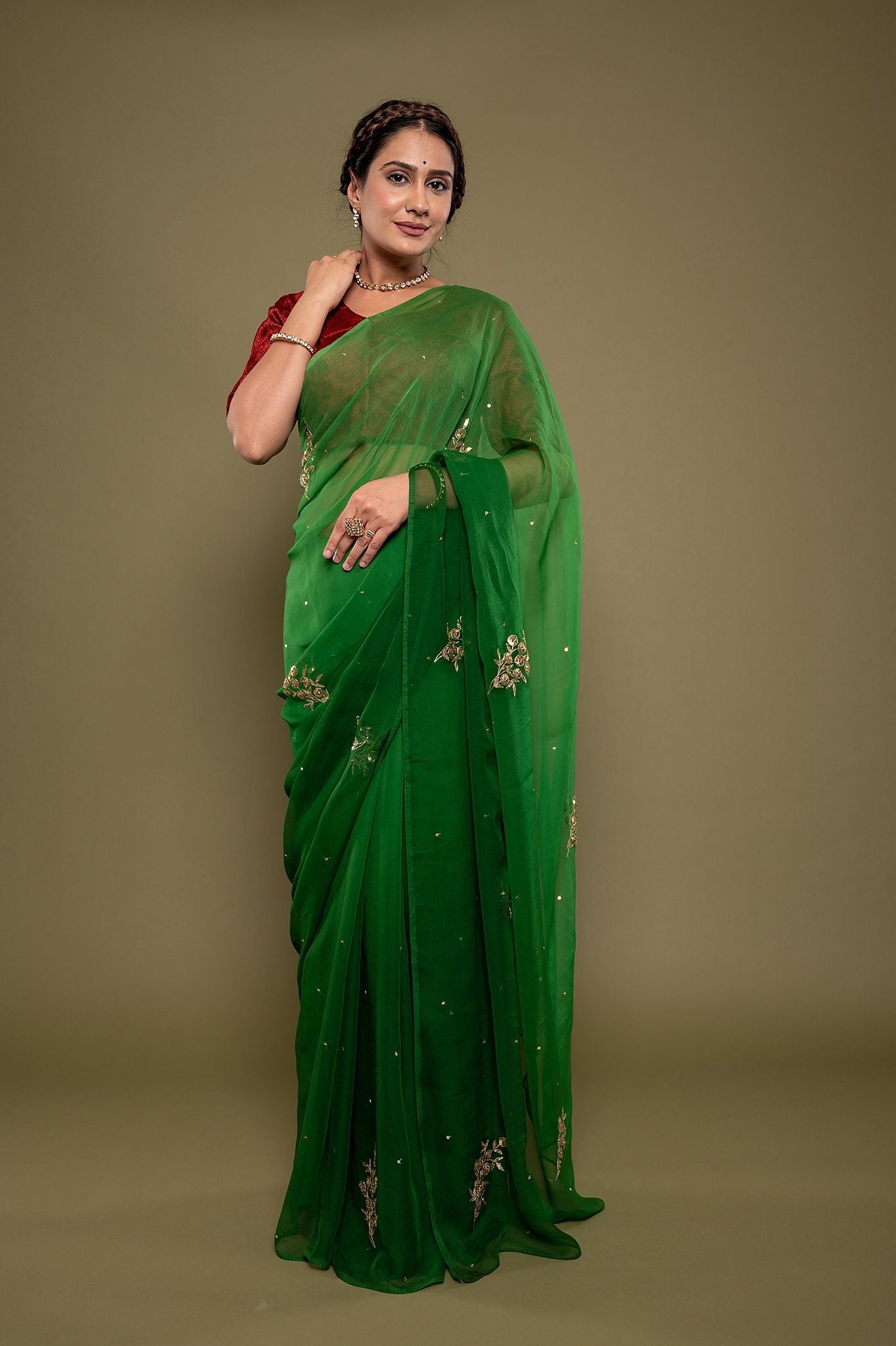 Green viscose chiffon aari sequns handwork saree