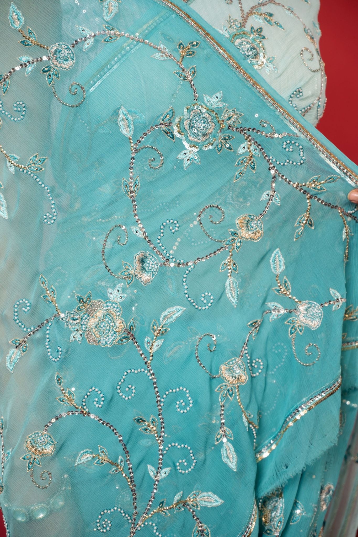 Sky blue light dark pure chiffon Aari sequins resham pearl work handwork saree