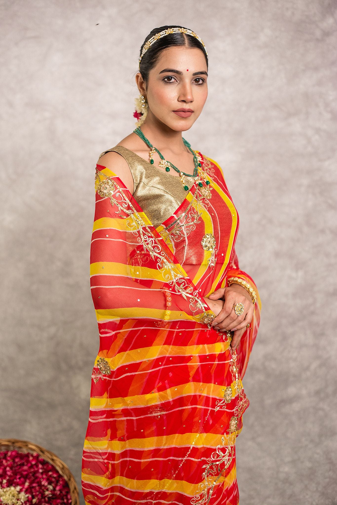 Orange lehariya Pure Georgette 20 Gsm aari sequins border butti handwork traditional wear saree