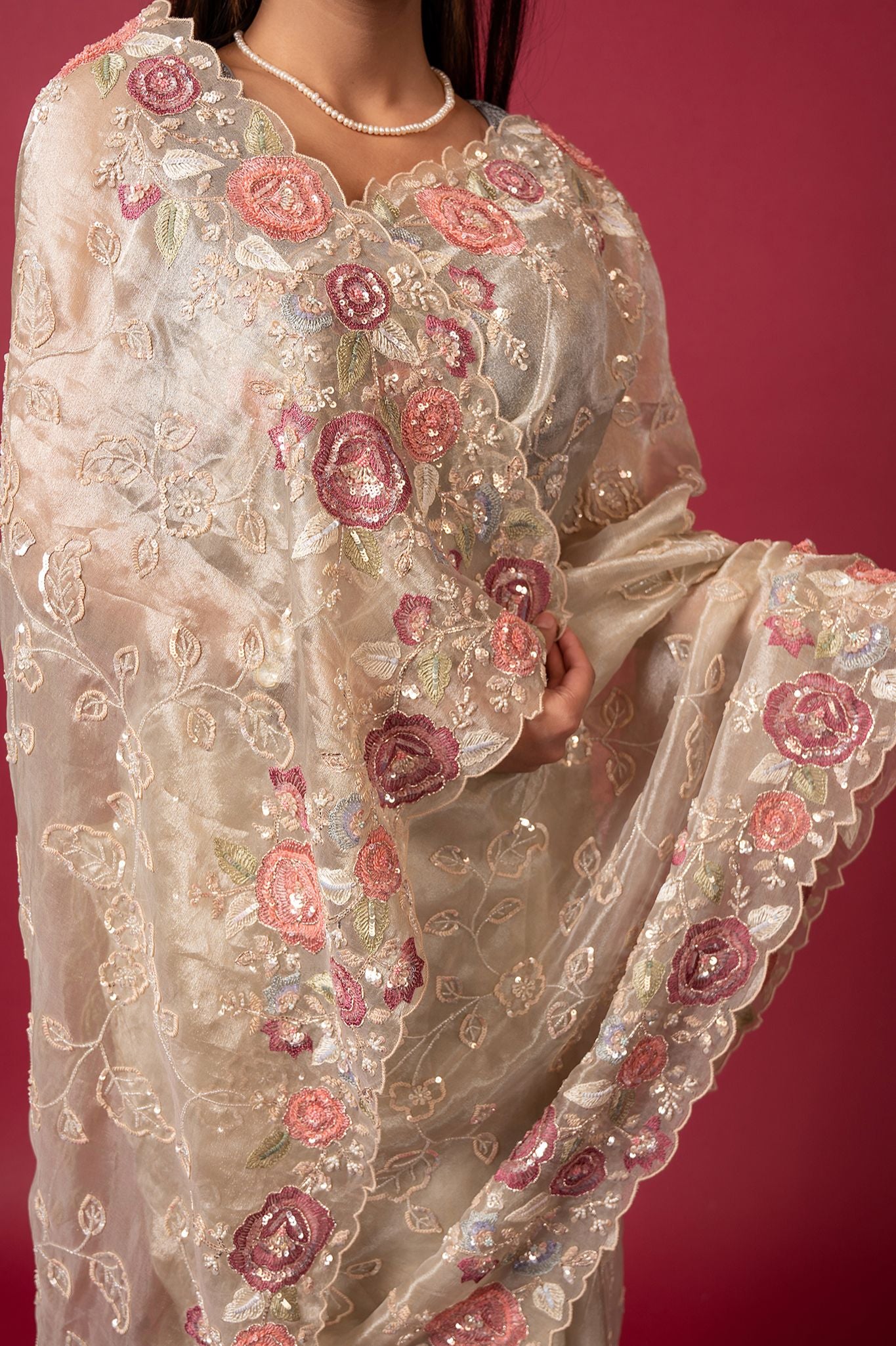 cream Tissue organza fancy sequins handwork saree