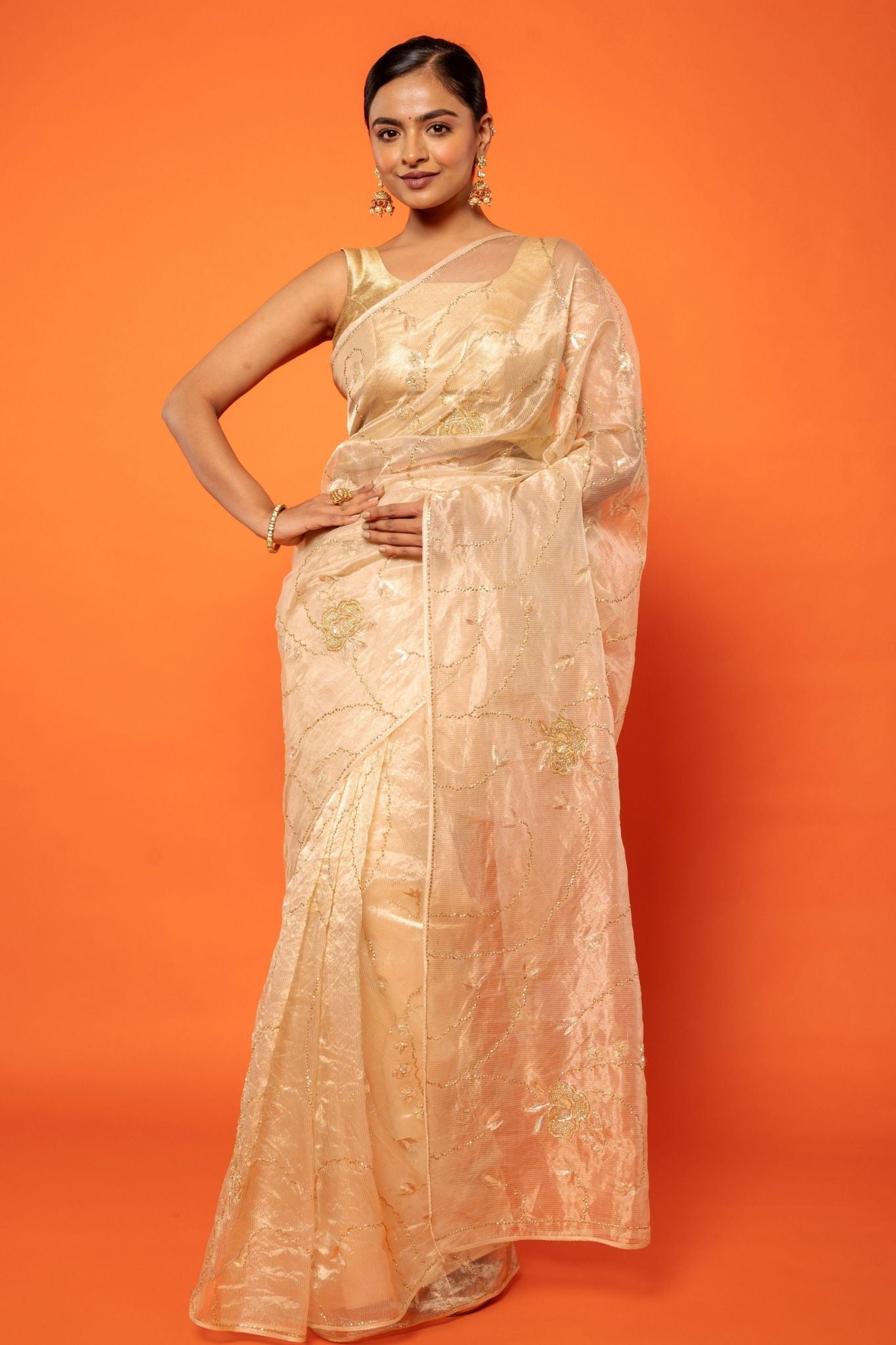 Golden Pure Tissue aari sequins jaal handwork party wear saree