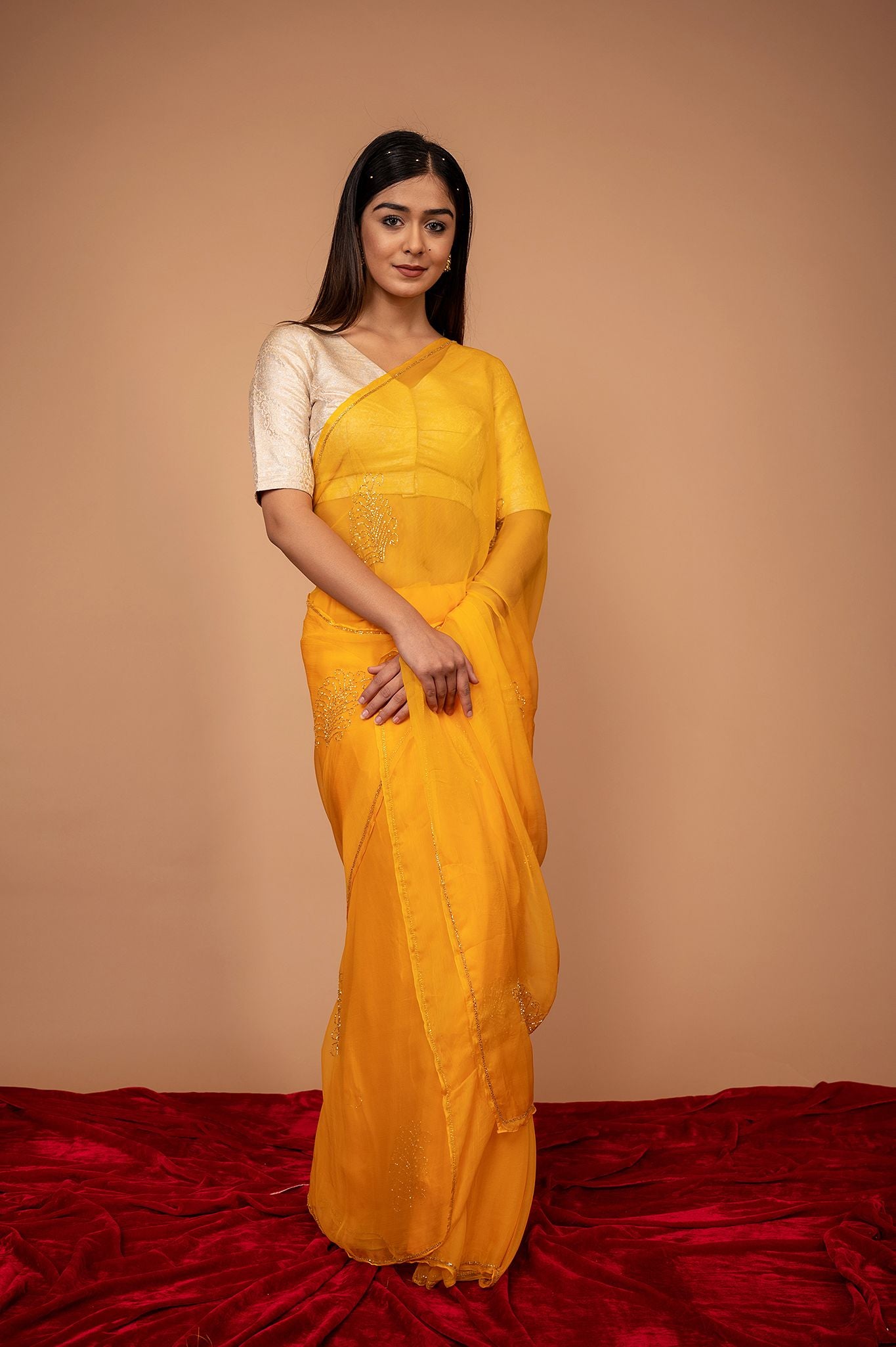 Yellow viscose chiffon kardana motif handwork casual wear saree