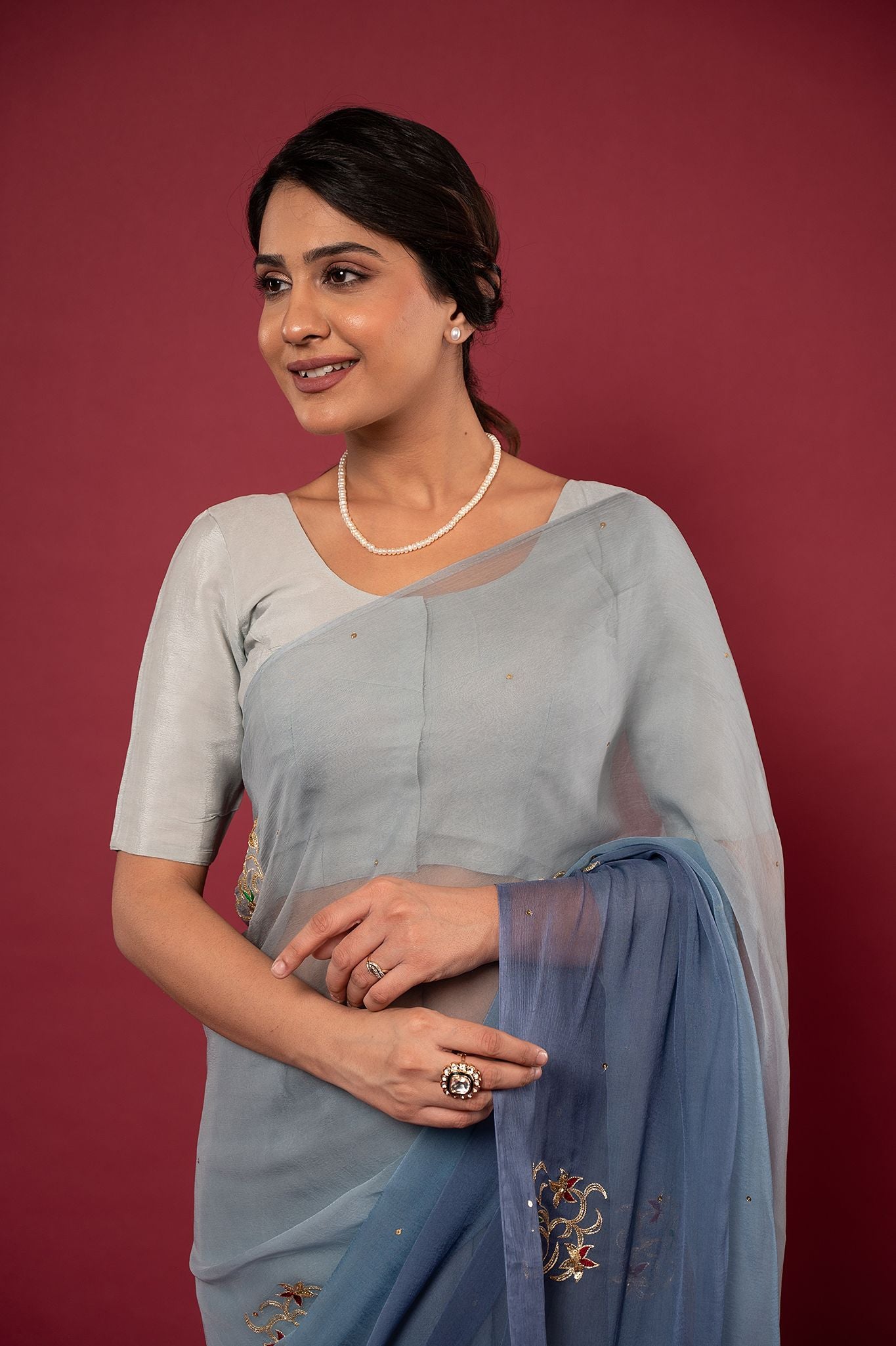 Grey light dark viscose chiffon aari sequins motif handwork casual wear saree