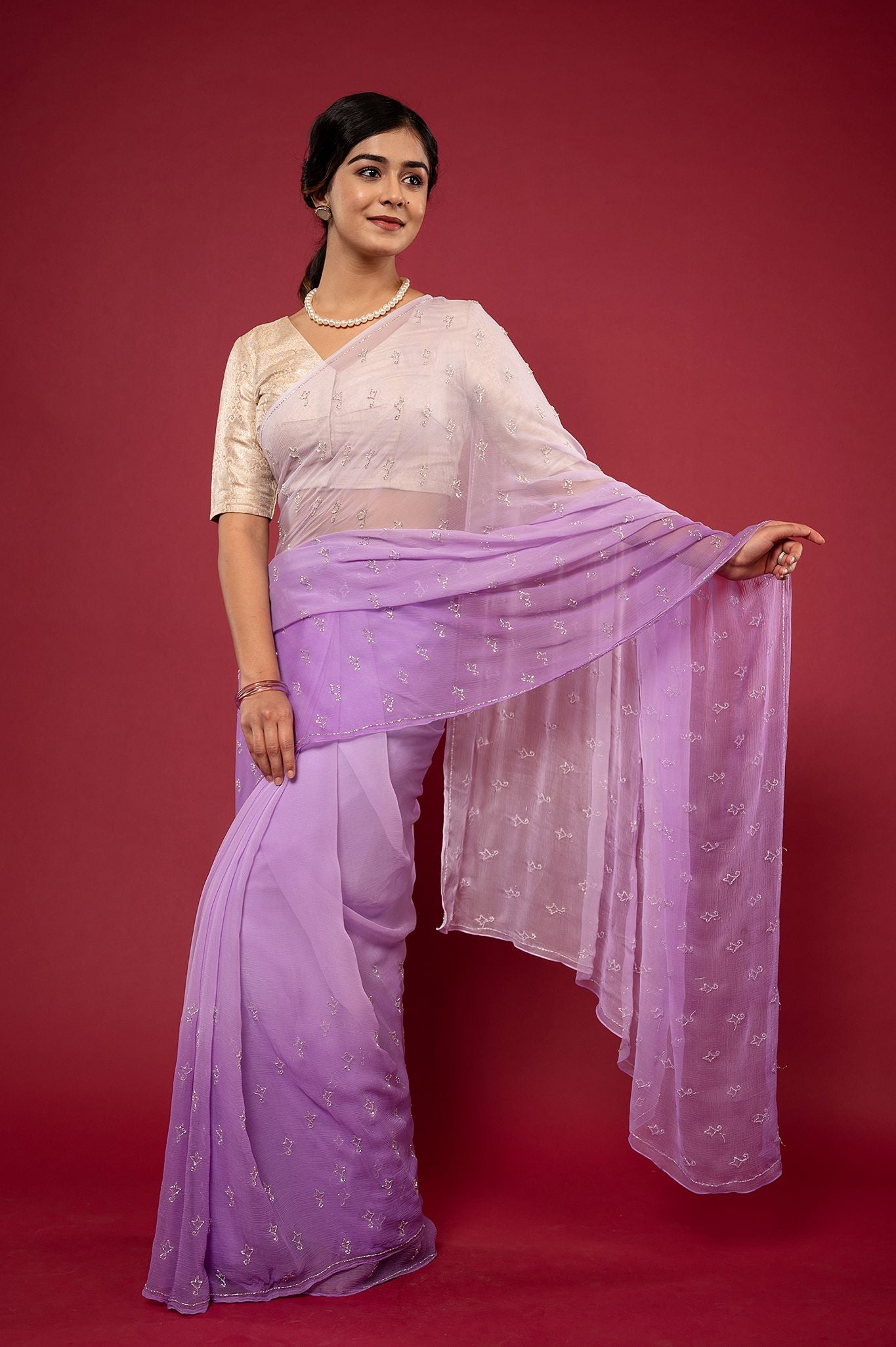 Lavender light dark viscose chiffon kardana motif handwork casual wear saree
