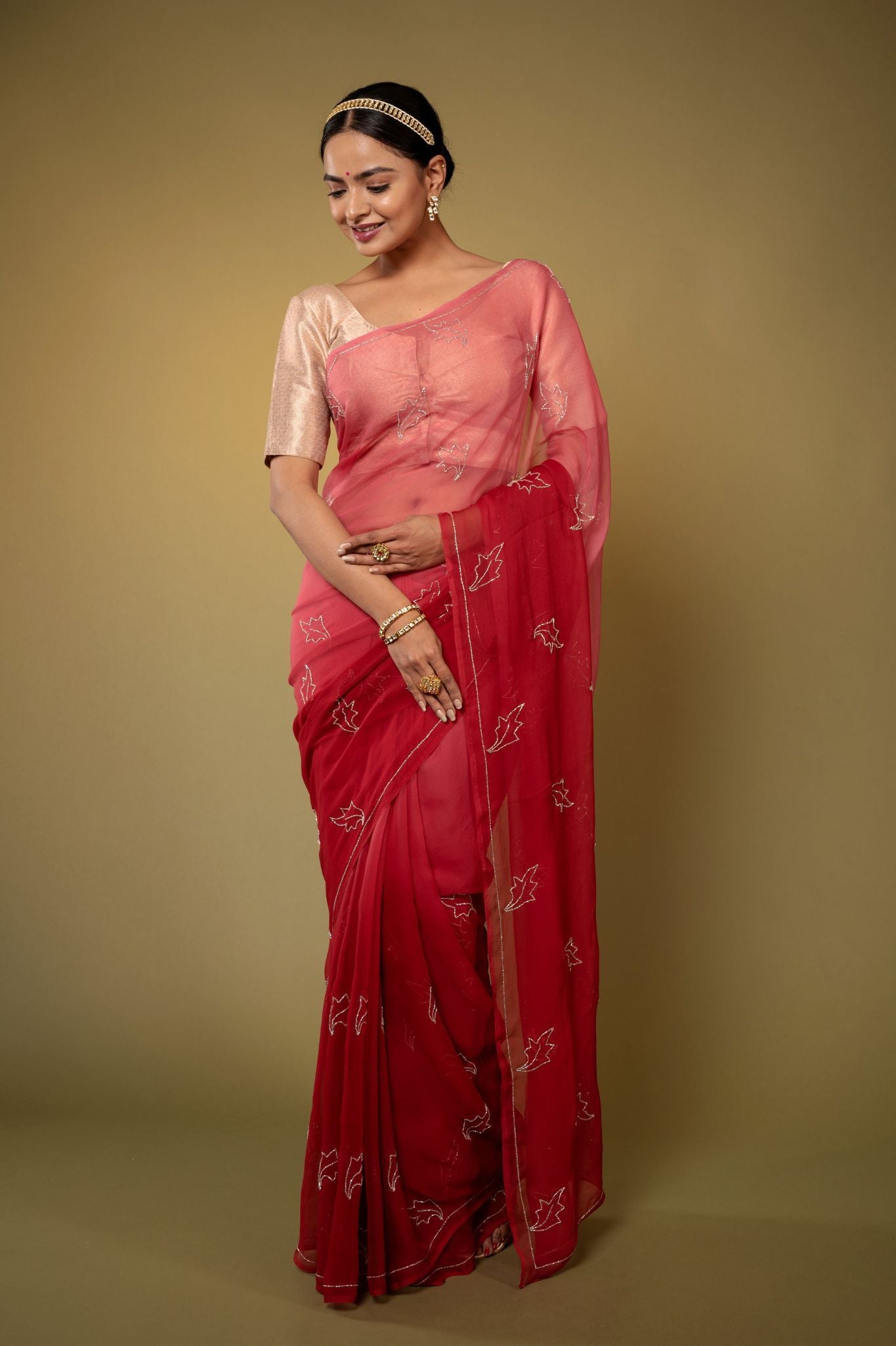 Burgundy red viscose chiffon kardana handwork casual wear saree