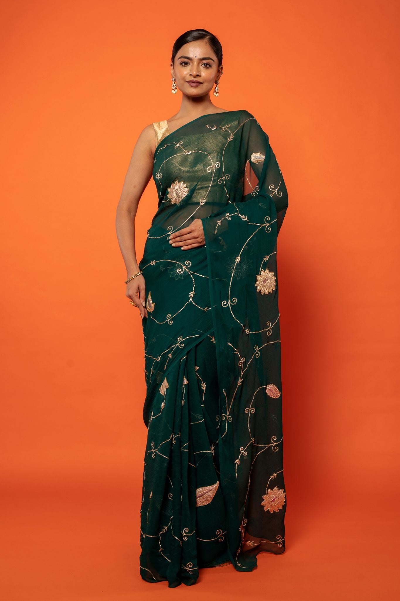 Green pure chiffon chanderi butti aari jaal handwork saree