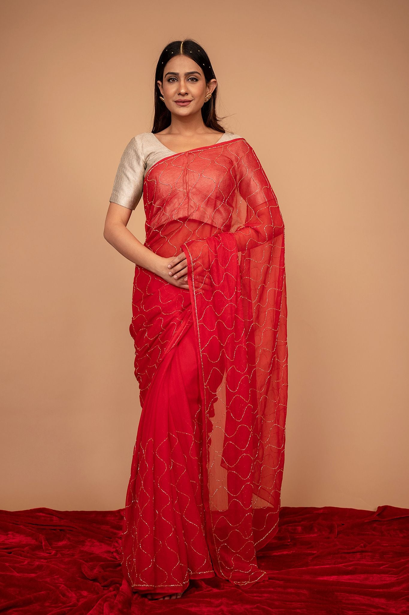 red Viscose Chiffon Kardana jaal Handwork Saree
