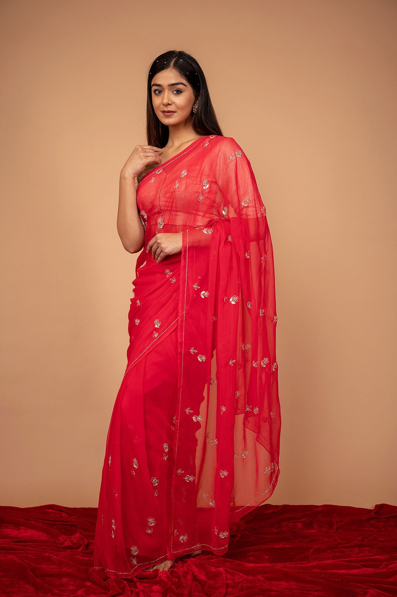 Red Viscose Chiffon Gottapati butti handwork daily wear saree