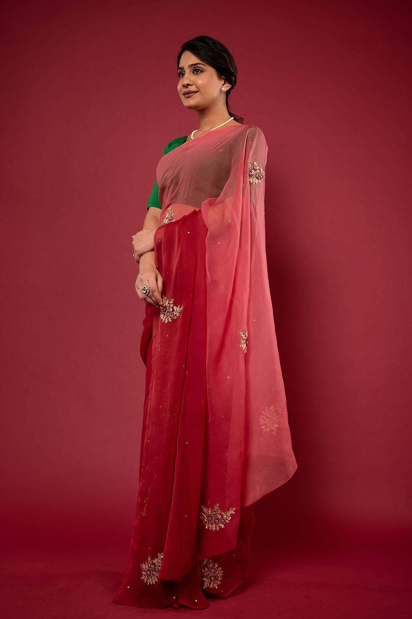 Maroon light dark viscose chiffon aari sequins motif handwork casual wear saree