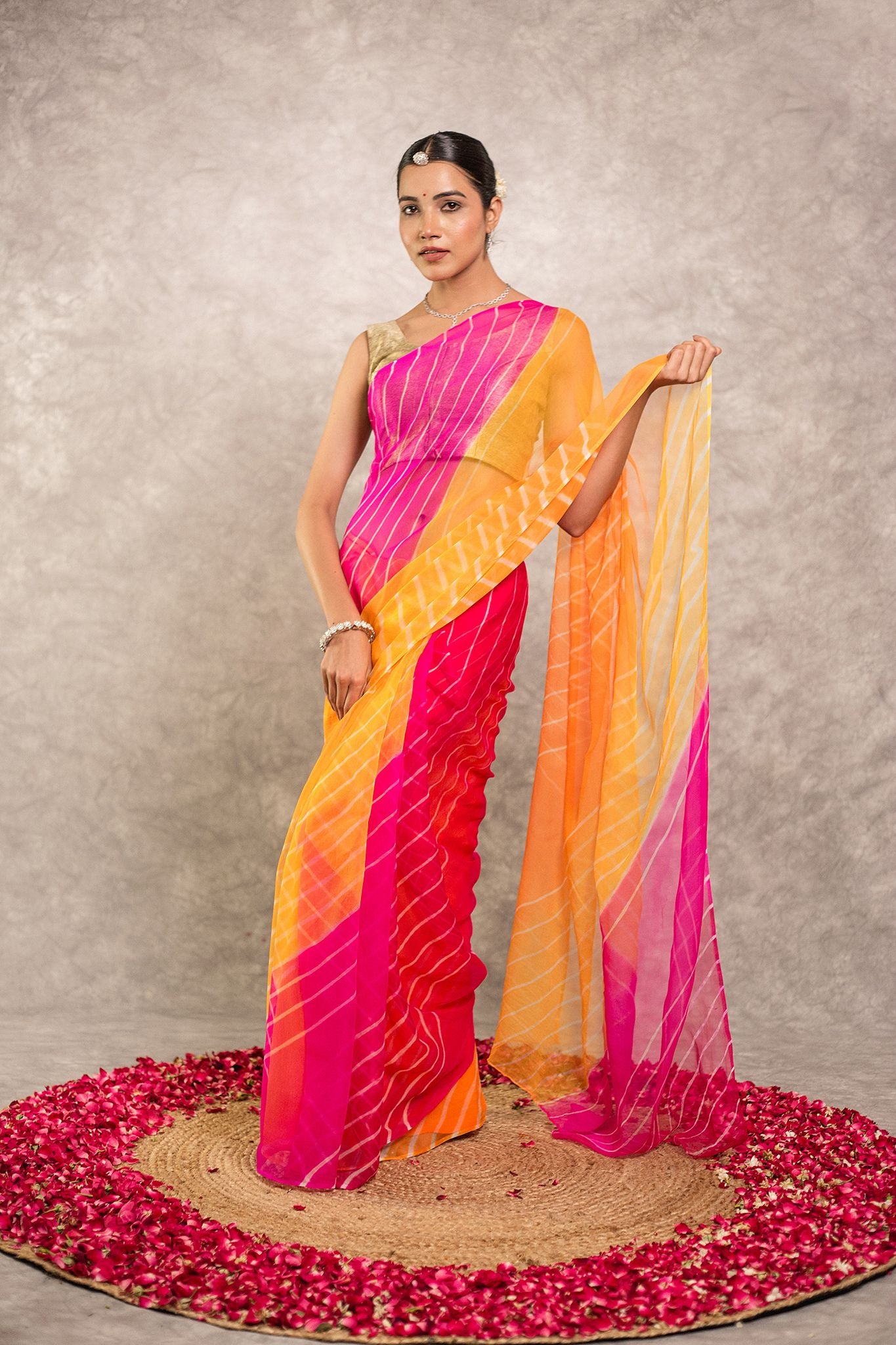 Multi lehariya Pure Georgette 20 Gsm plain hand dyed traditional wear saree