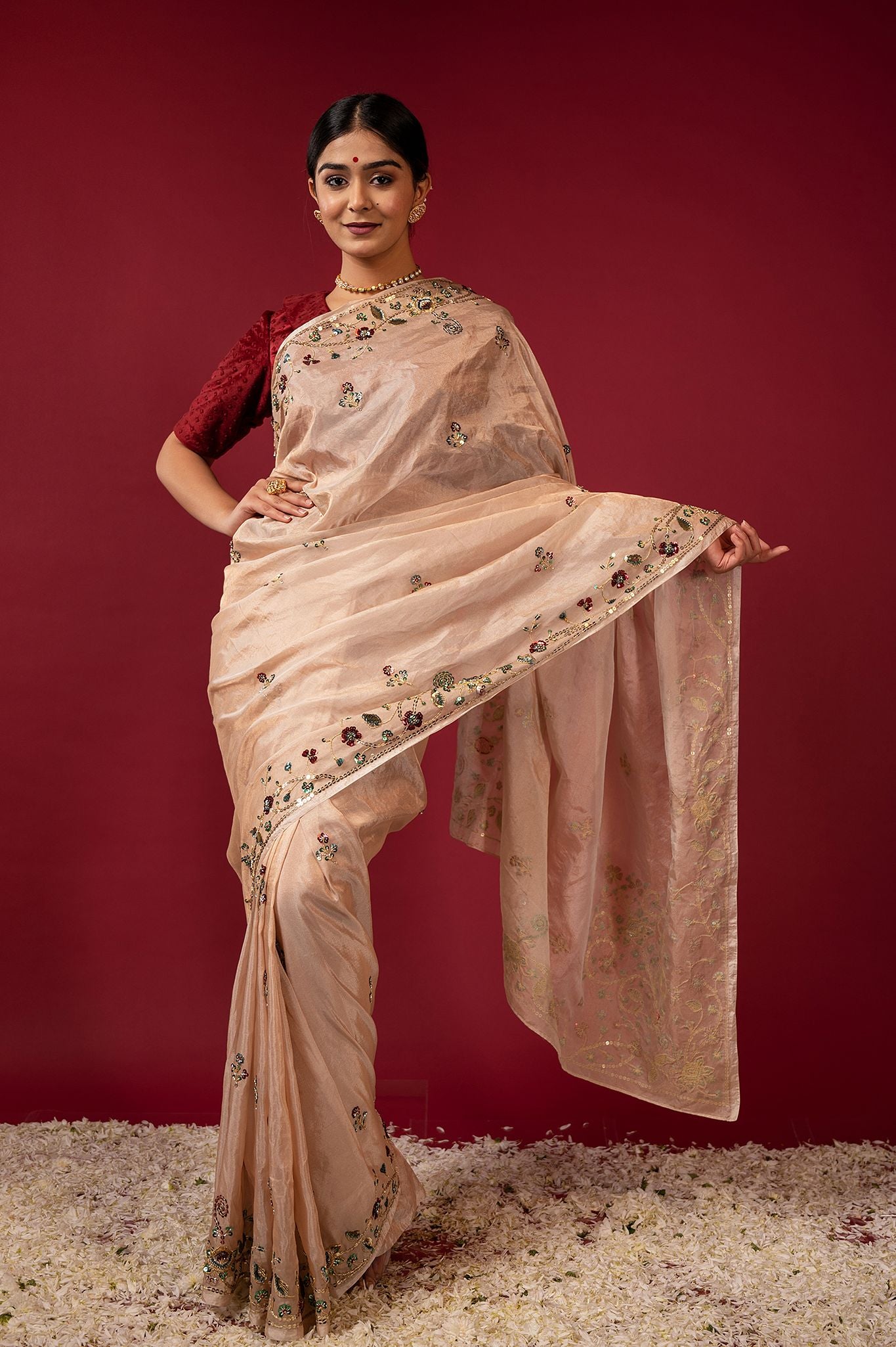 Cream Pure Tissue aari sequins handwork saree