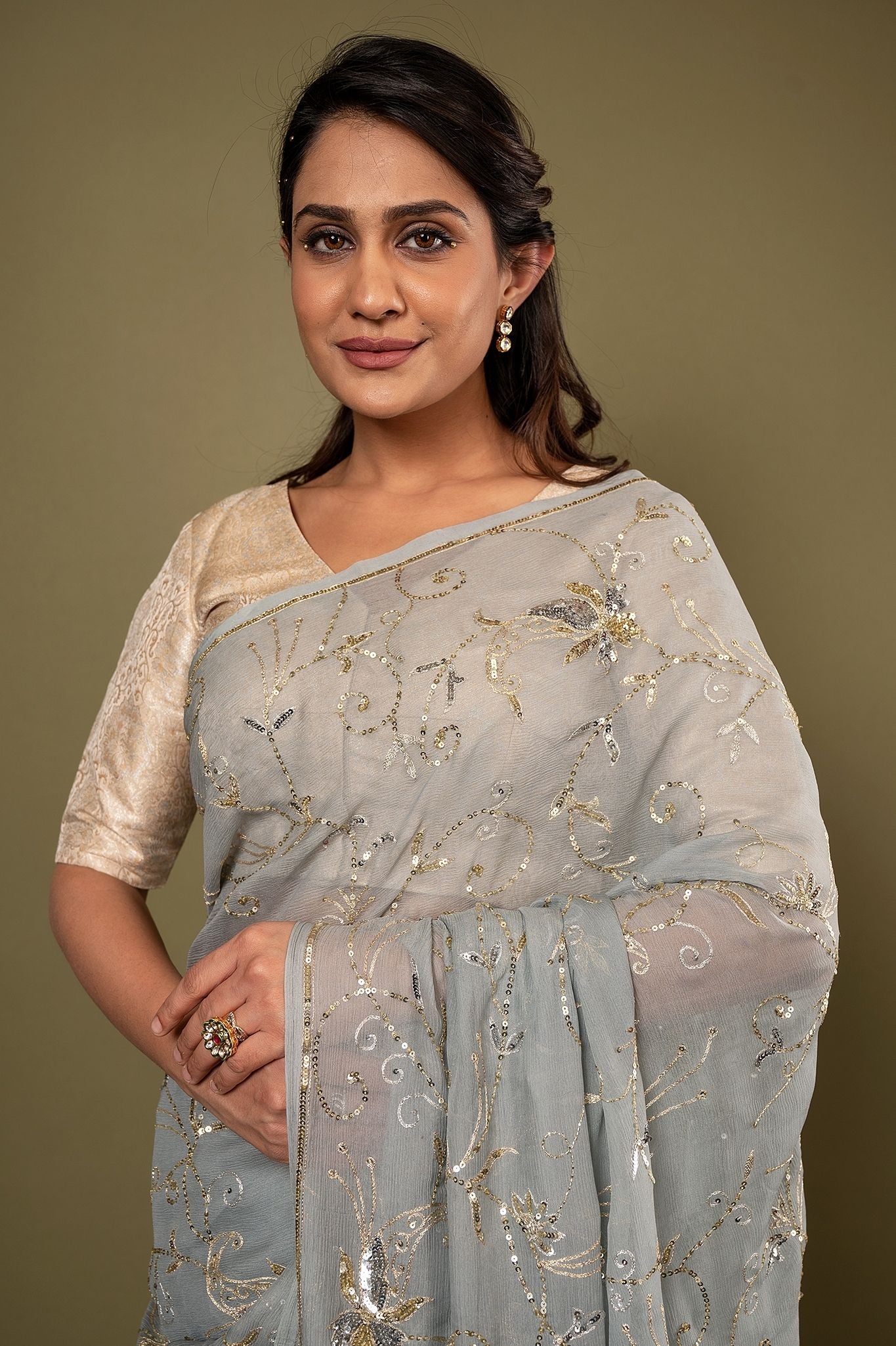 Grey Pure Chiffon aari sequins jaal handwork saree