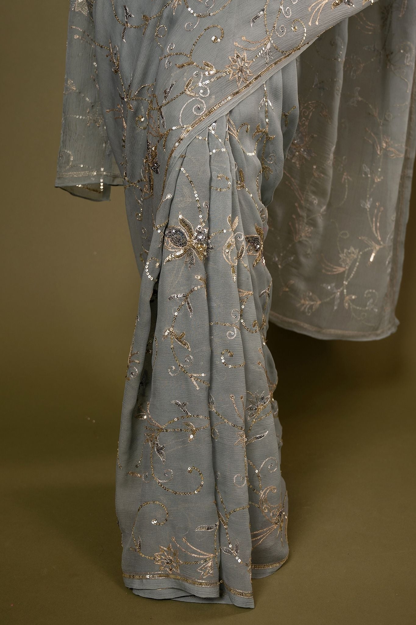 Grey Pure Chiffon aari sequins jaal handwork saree