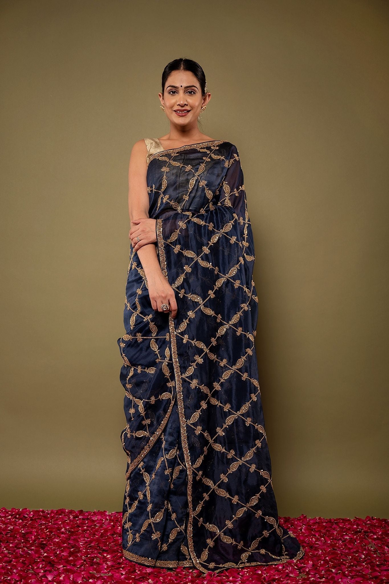 Blue pure organza Dori Dapka sequins jaal handwork saree