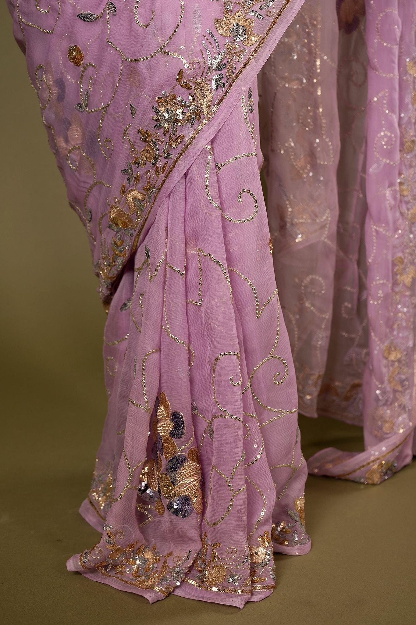 Pink light dark pure chiffon aari sequins zardozi border jaal handwork saree