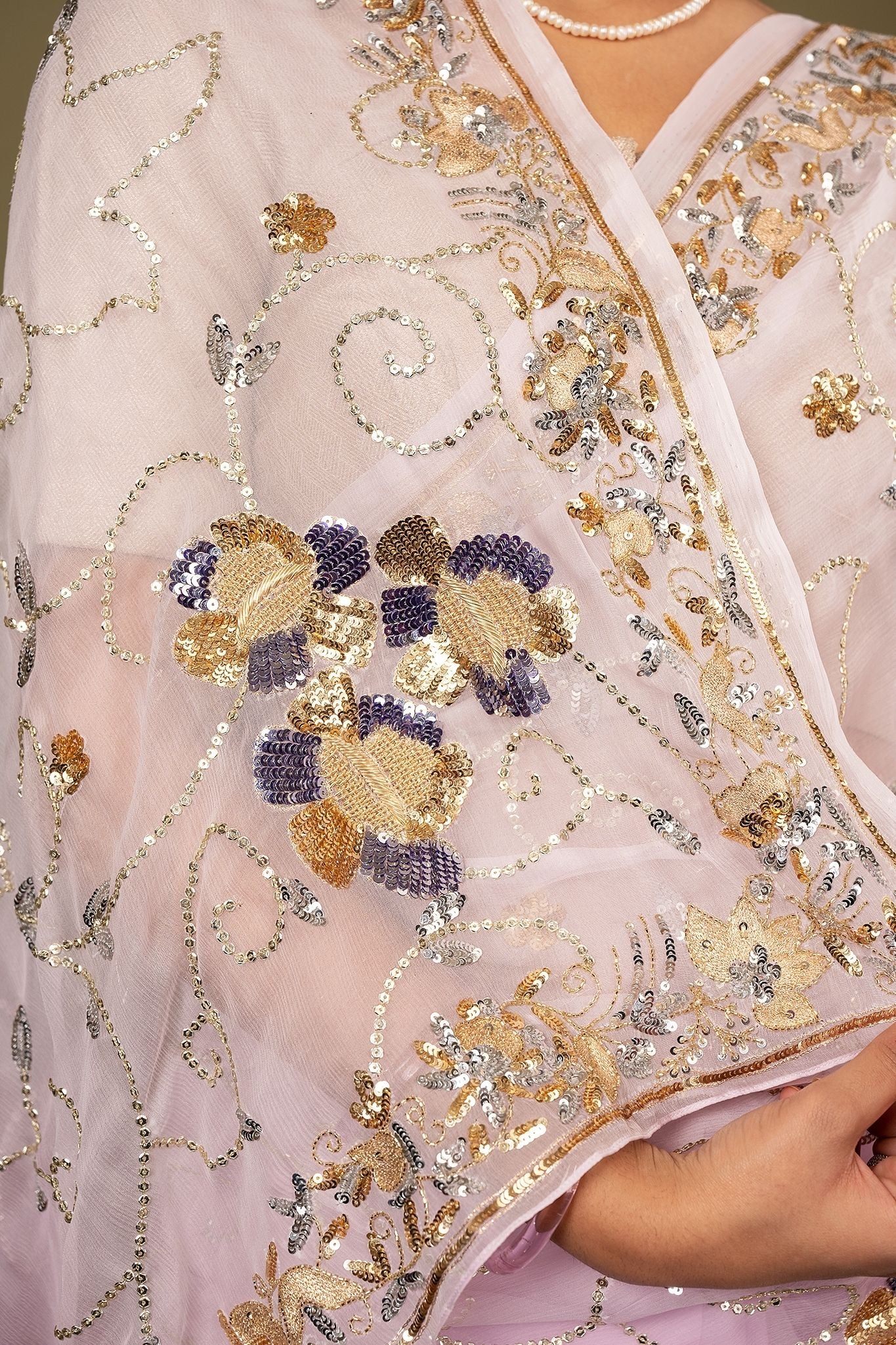 Pink light dark pure chiffon aari sequins zardozi border jaal handwork saree