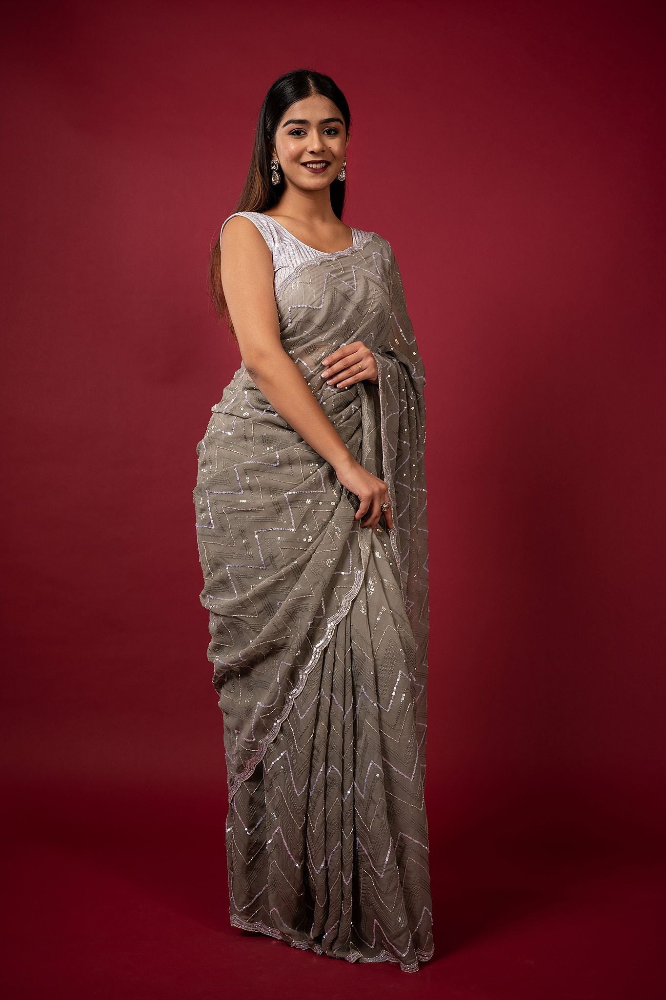Grey Pure Georgette pearl sequins kardana handwork saree