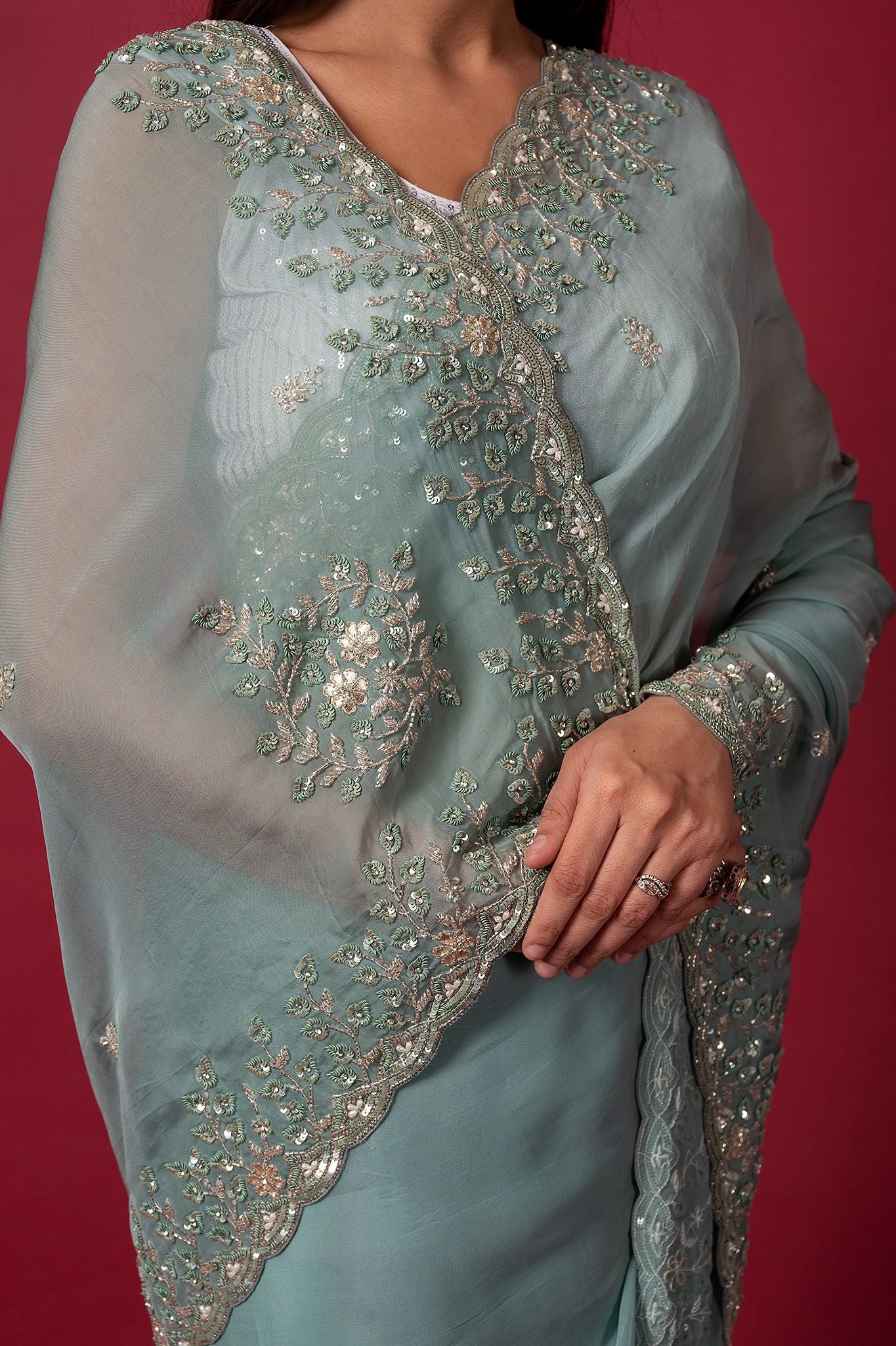 Sea Green Tissue organza sequins kardana handwork saree