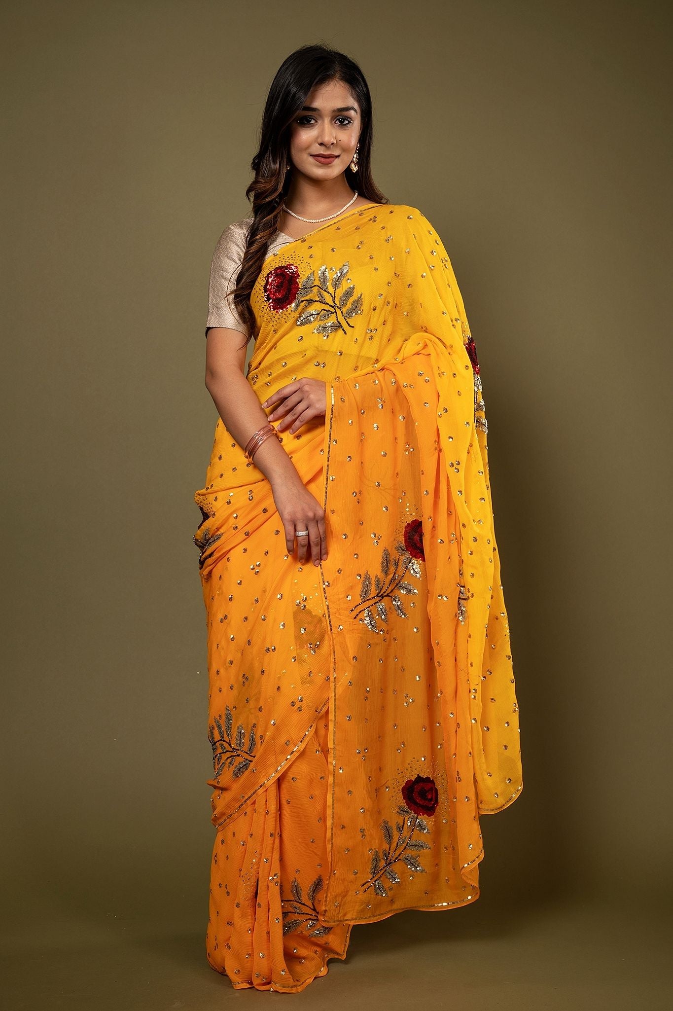 Mustard pure chiffon Sequins kardana motif handwork saree