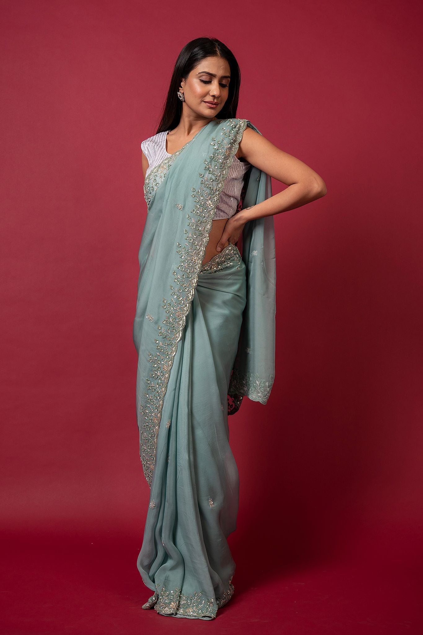 Sea Green Tissue organza sequins kardana handwork saree