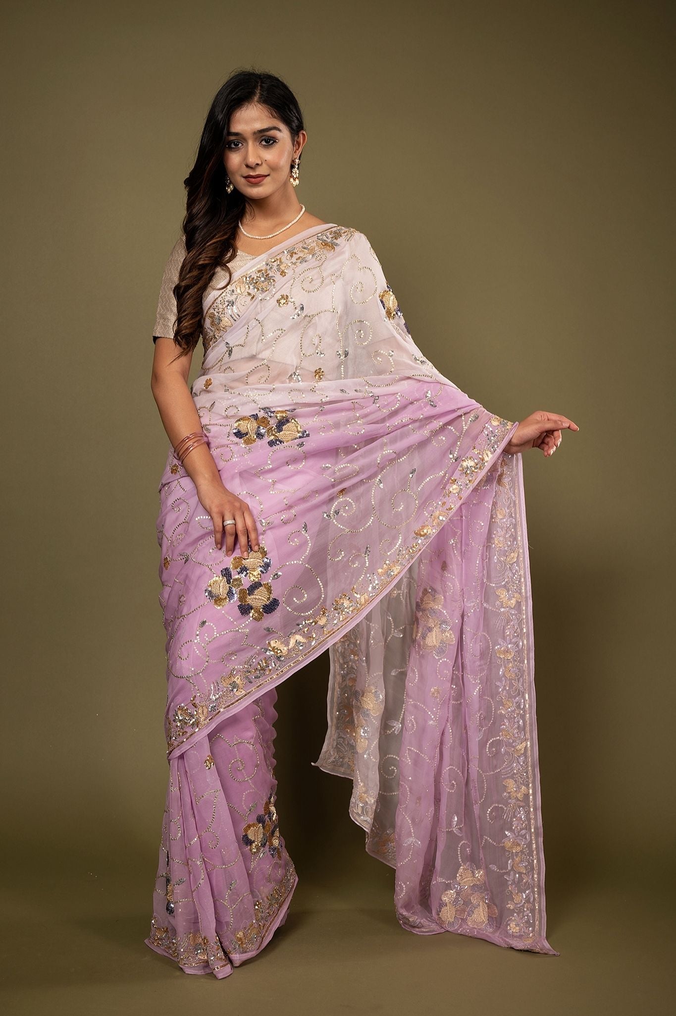 Pink light dark pure chiffon aari sequins zardozi border jaal handwork saree