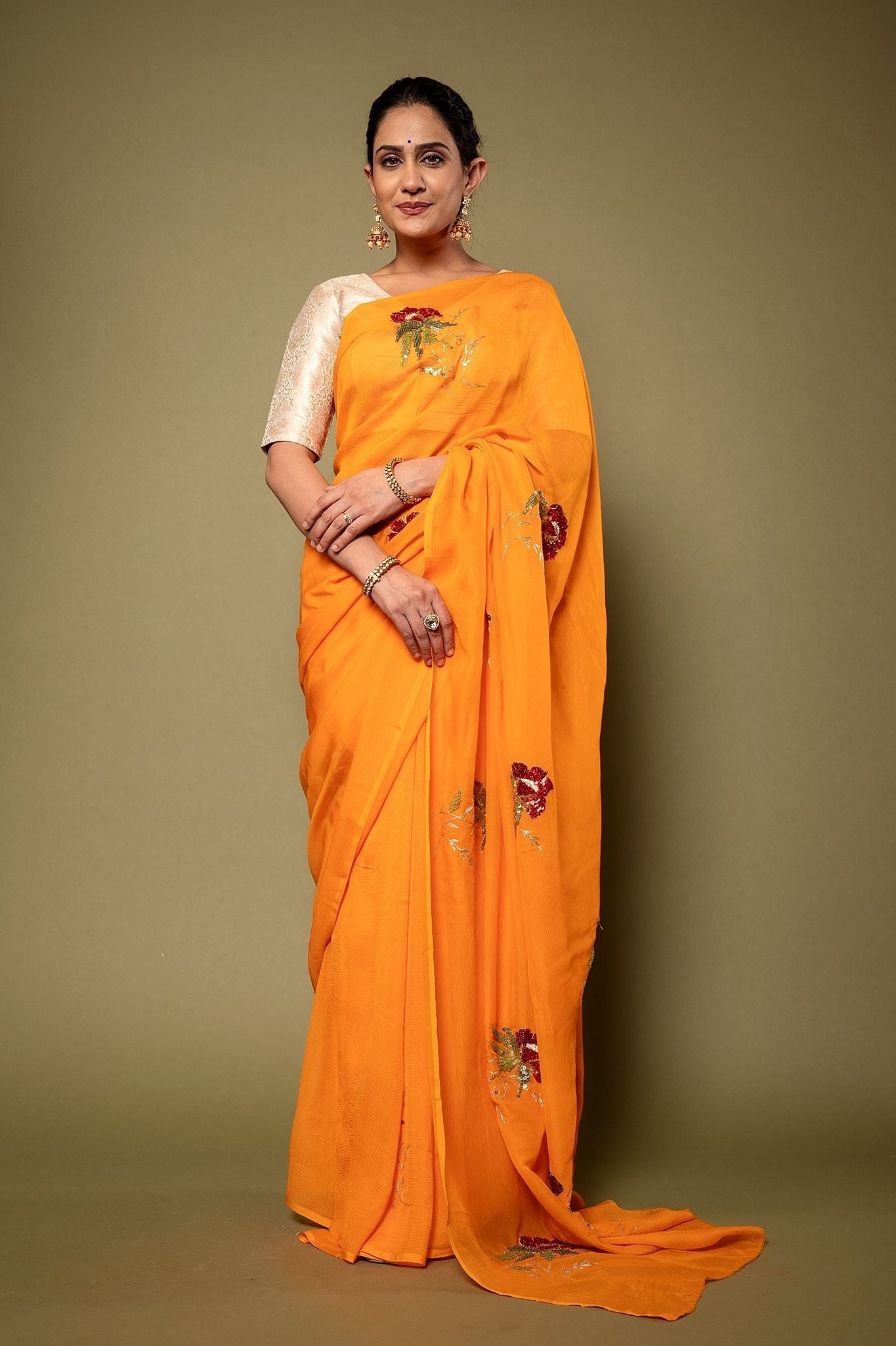 Kesariya yellow Pure Chiffon Aari sequins Motif Handwork Saree