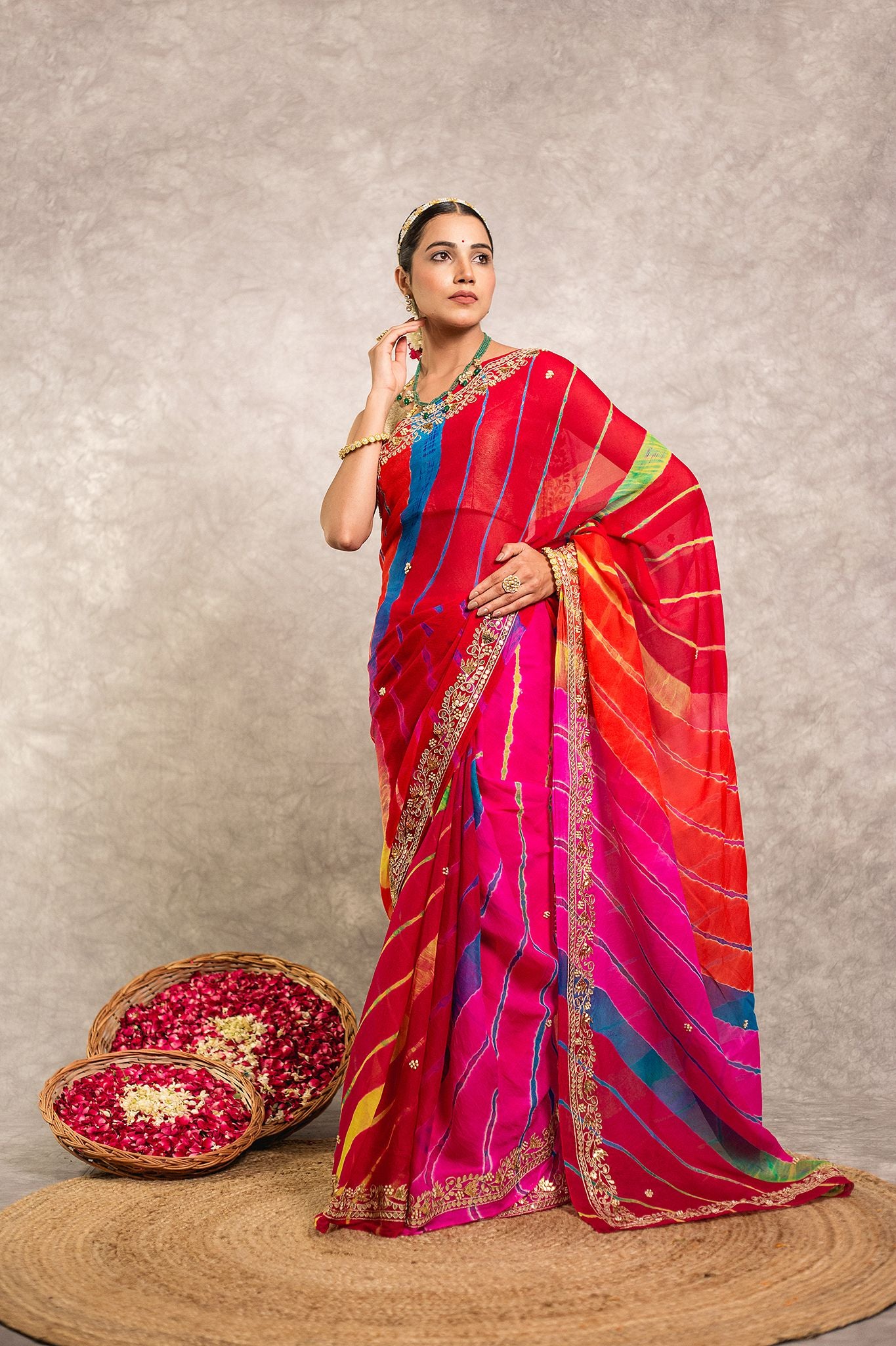 Multi lehariya Pure Georgette 40 Gsm Gotta Pati border butti handwork traditional wear saree