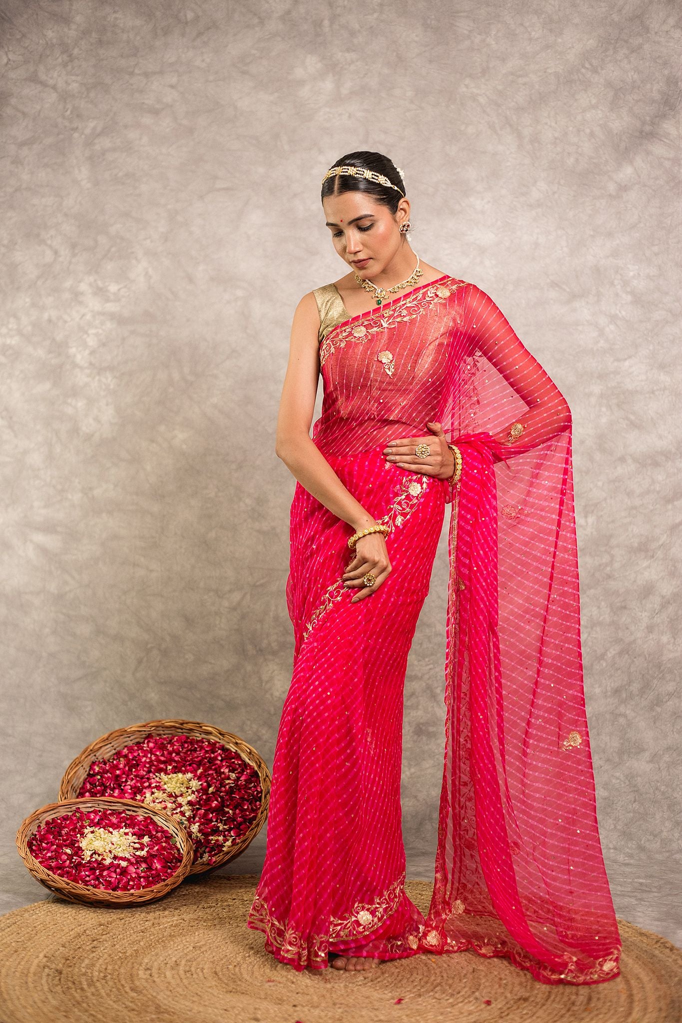 Magenta Lehariya Pure Georgette 20 Gsm aari sequins border butti handwork traditional wear saree