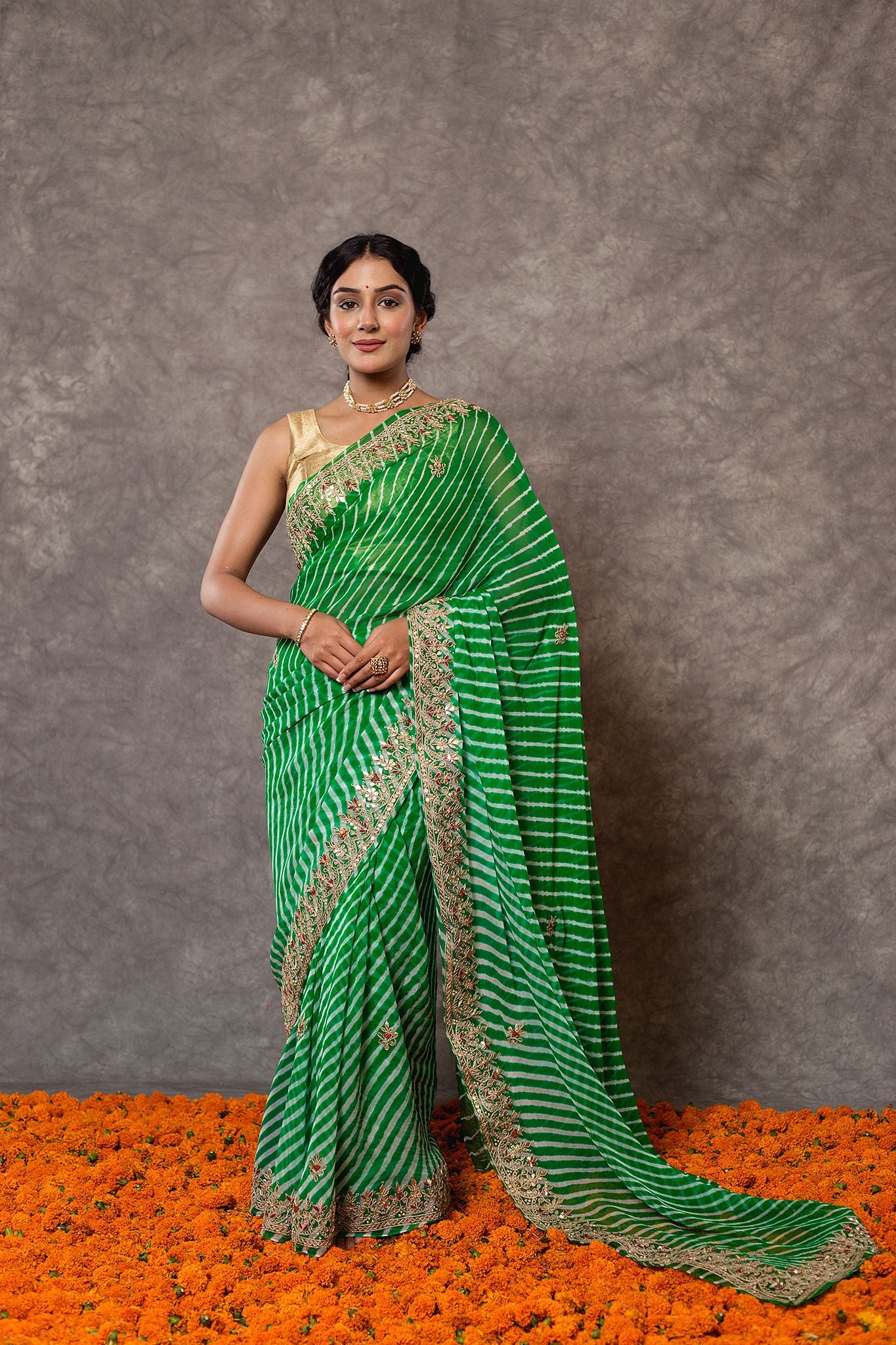 Green lehariya Pure Georgette 20 Gsm gota pati border butti handwork traditional wear saree