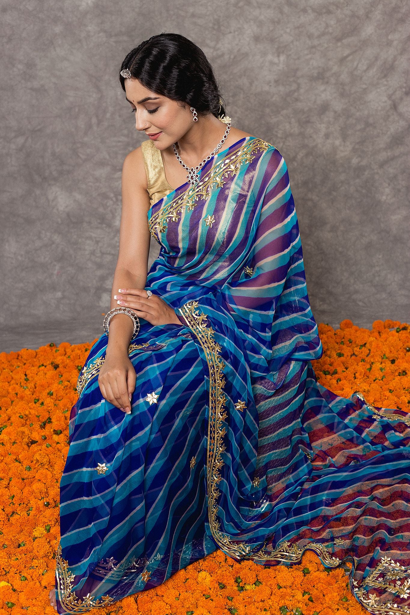 Blue Lehariya Pure Georgette 20 Gsm Sikhiya gota mohri pati handwork traditional wear saree
