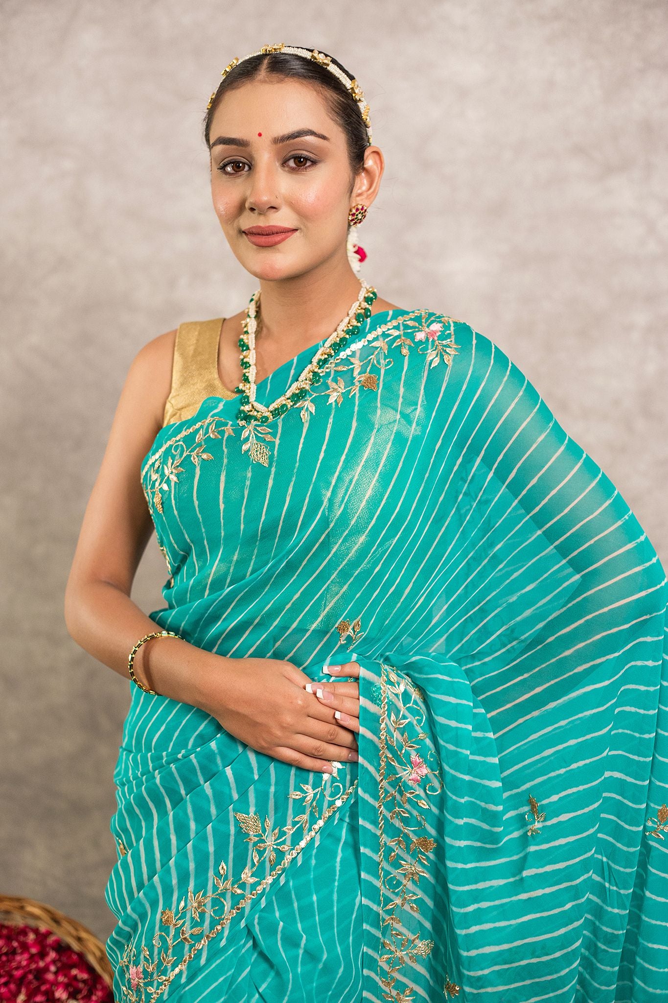 Firozi Lehariya Pure Georgette 40 Gsm aari sequins handwork traditional wear saree