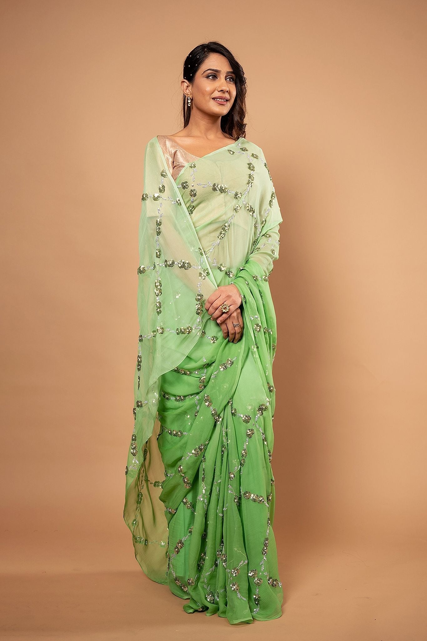 parrot green light dark pure chiffon sequins jaal handwork saree