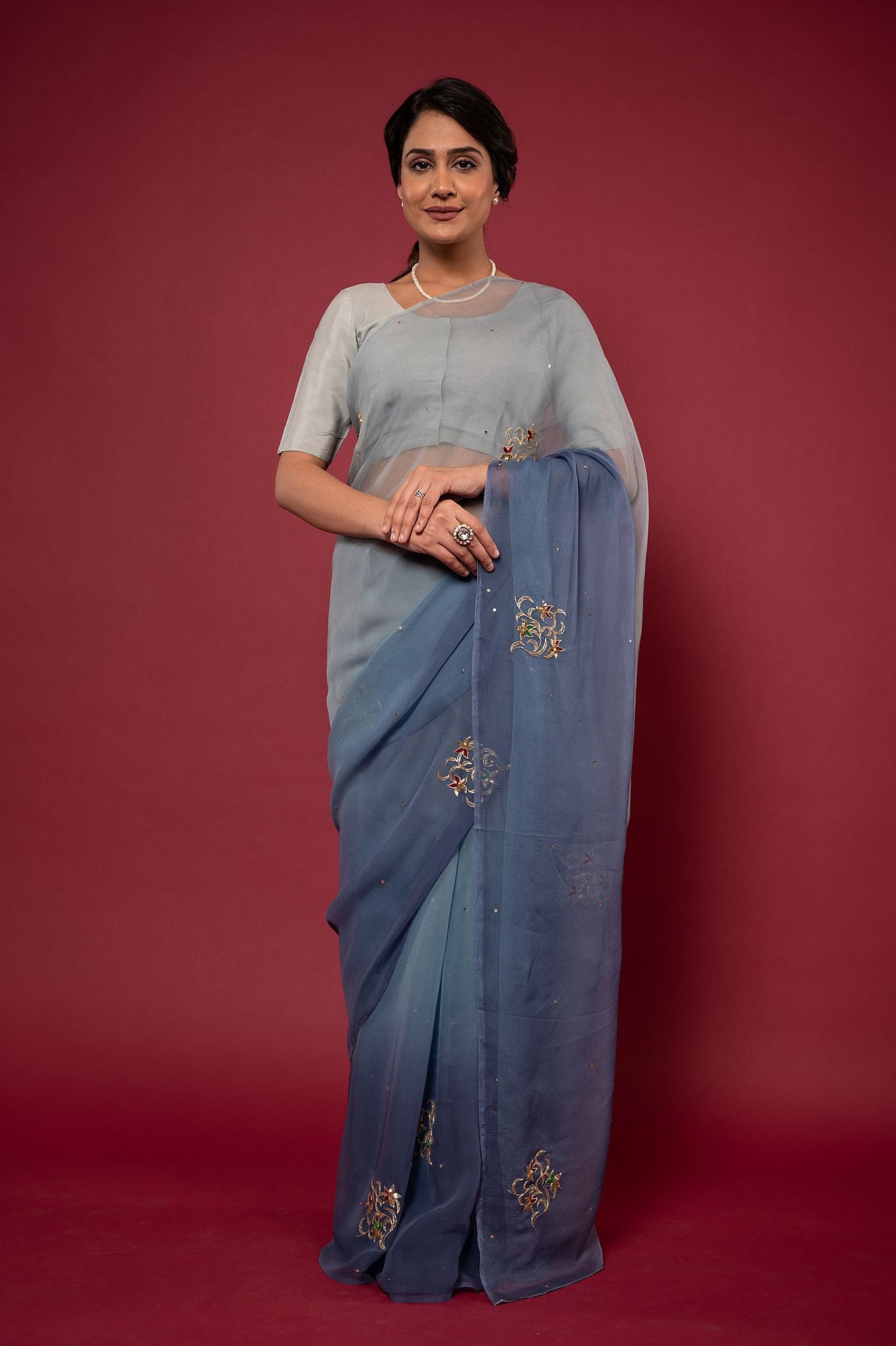 Grey light dark viscose chiffon aari sequins motif handwork casual wear saree
