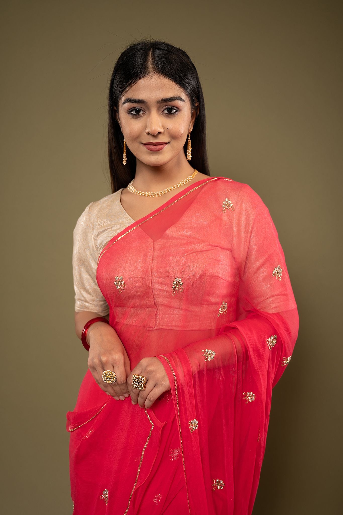 Red viscose chiffon kardana kundan motif handwork casual wear saree