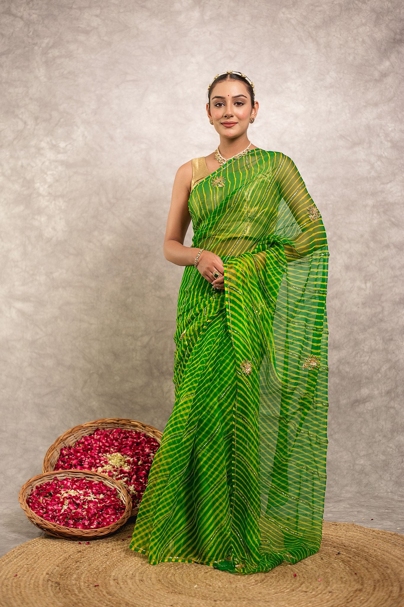 Green lehariya Pure Georgette 20 Gsm Aari tari handwork traditional wear saree
