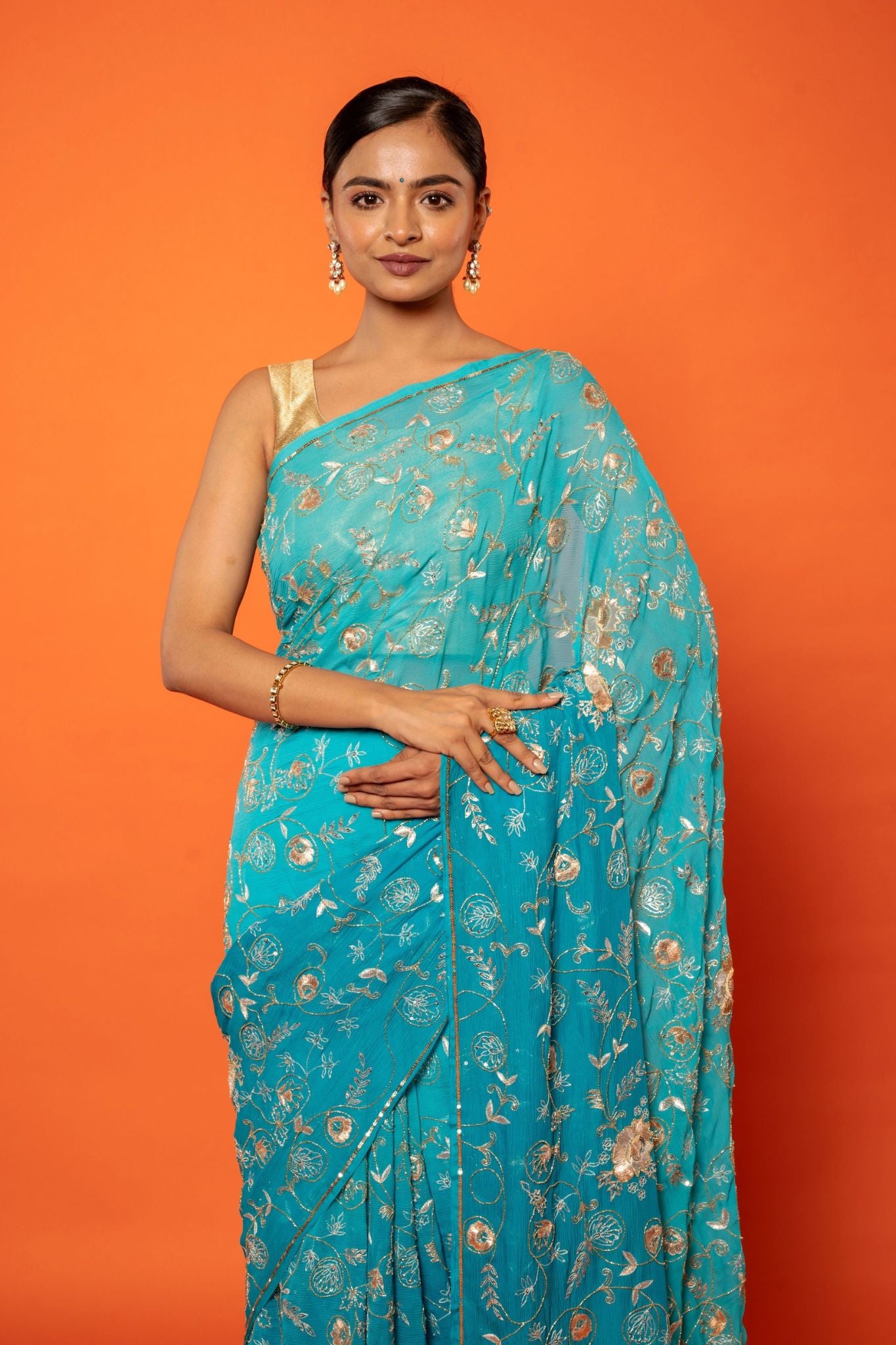 Firozi Light Dark pure chiffon aari sequins jaal handwork saree