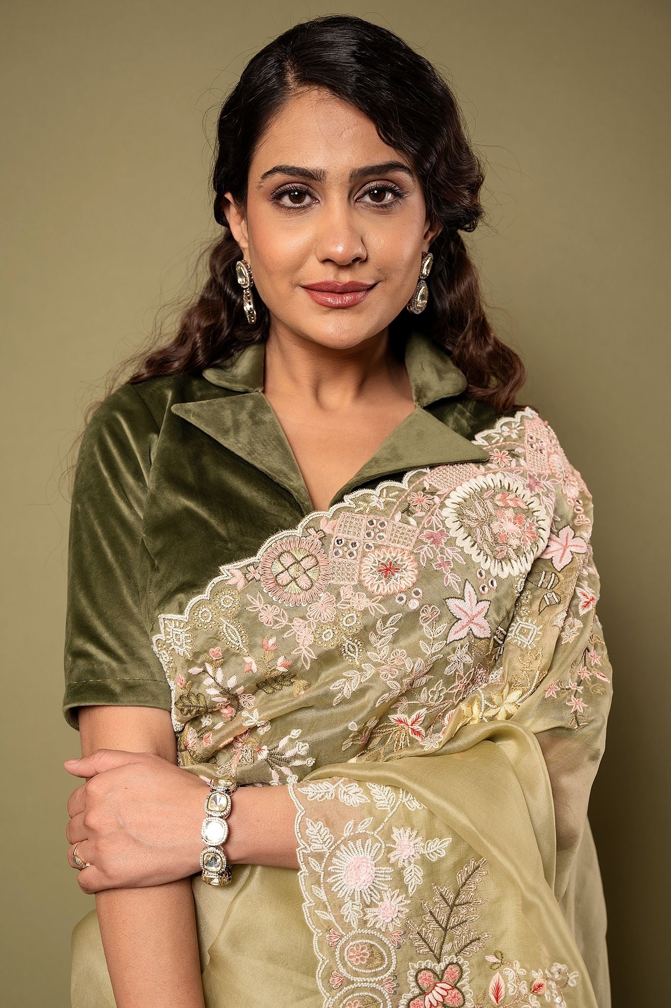 Mint Organza Resham Zardozi border butti handwork saree