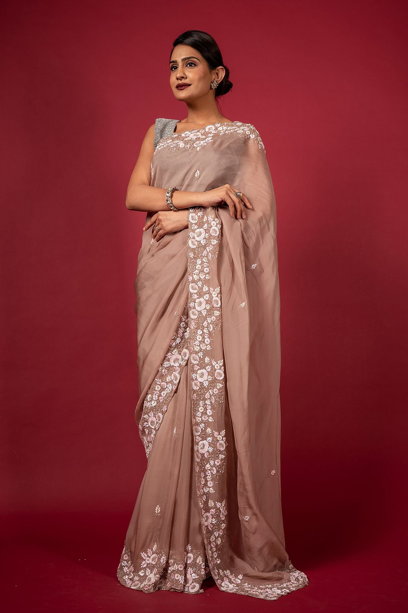 Sand organza sequins kardana handwork saree