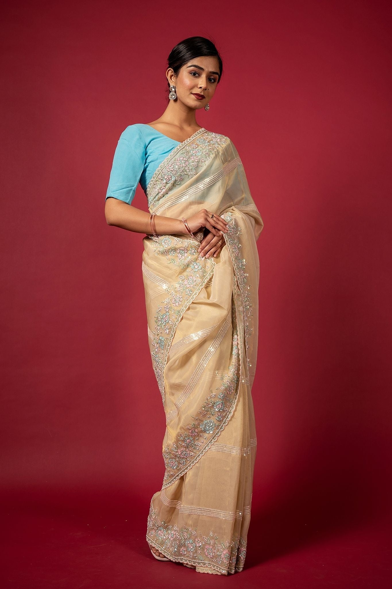 Cream organza preal sequins fancy work handwork saree