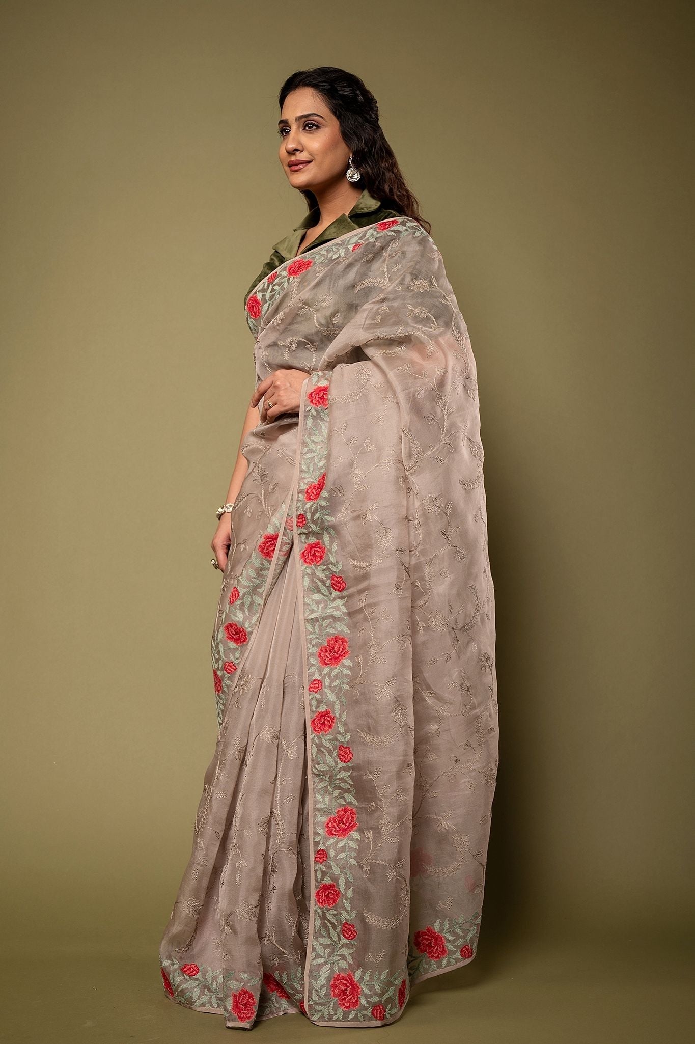 Grey Organza resham border jaal handwork saree
