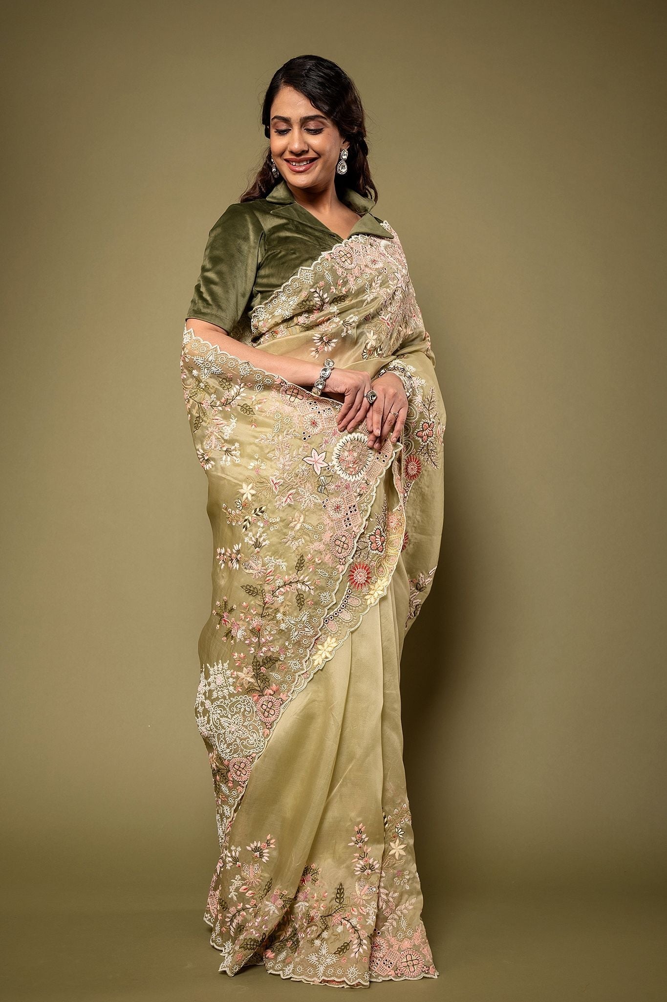 Mint Organza Resham Zardozi border butti handwork saree