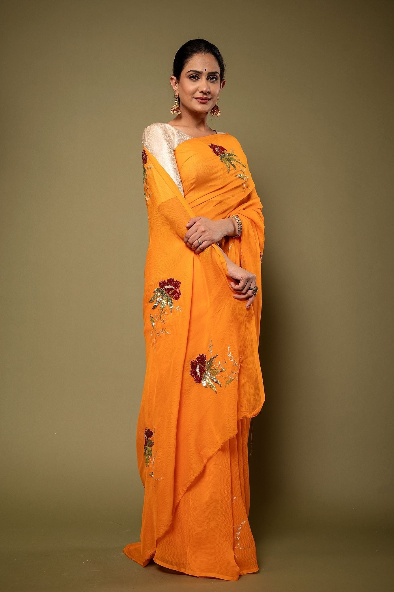 Kesariya yellow Pure Chiffon Aari sequins Motif Handwork Saree