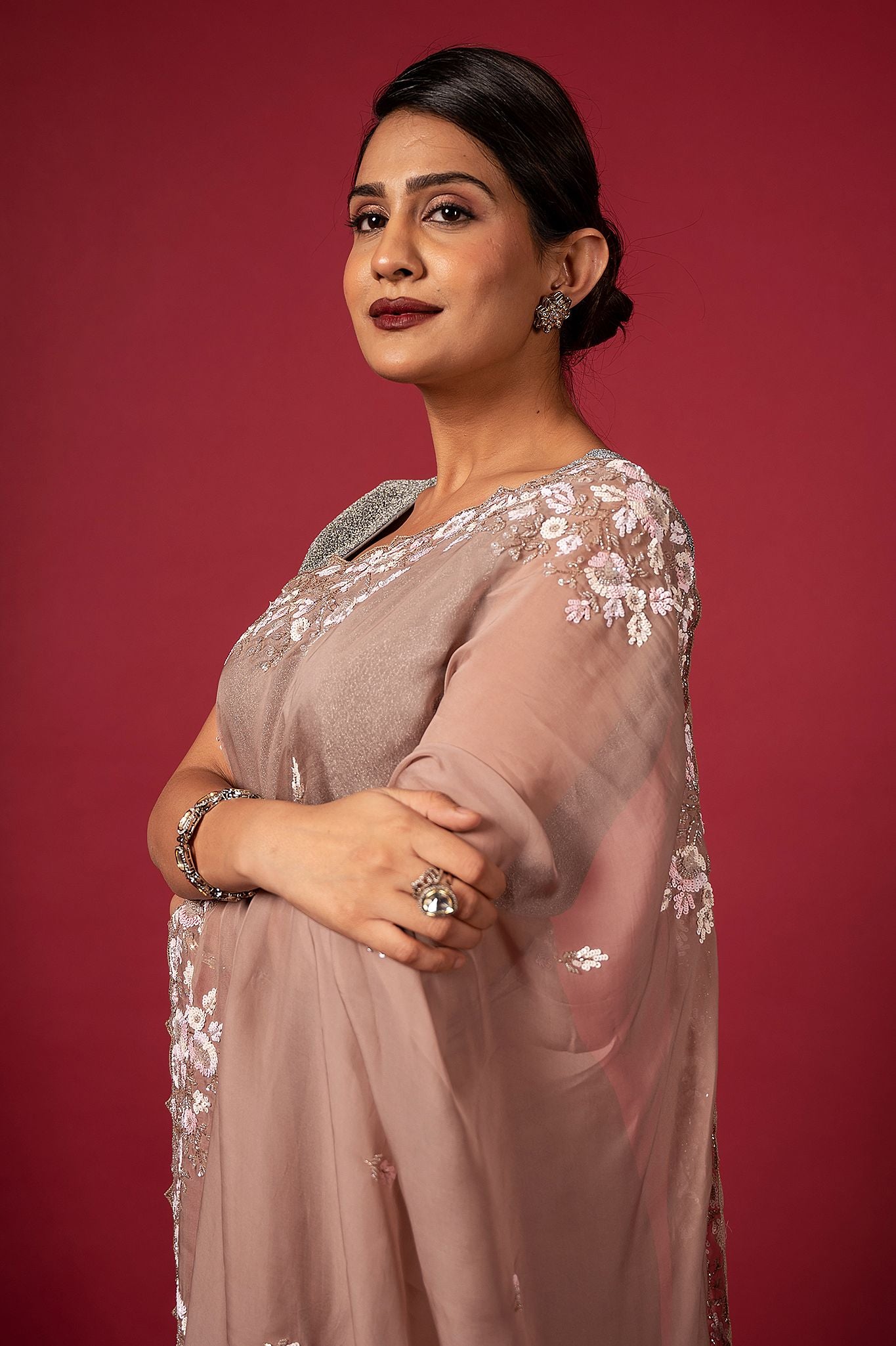 Sand organza sequins kardana handwork saree