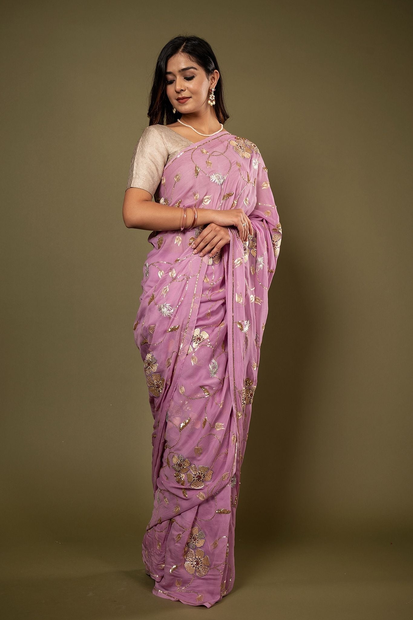Lavender pure chiffon aari sequins jaal handwork saree